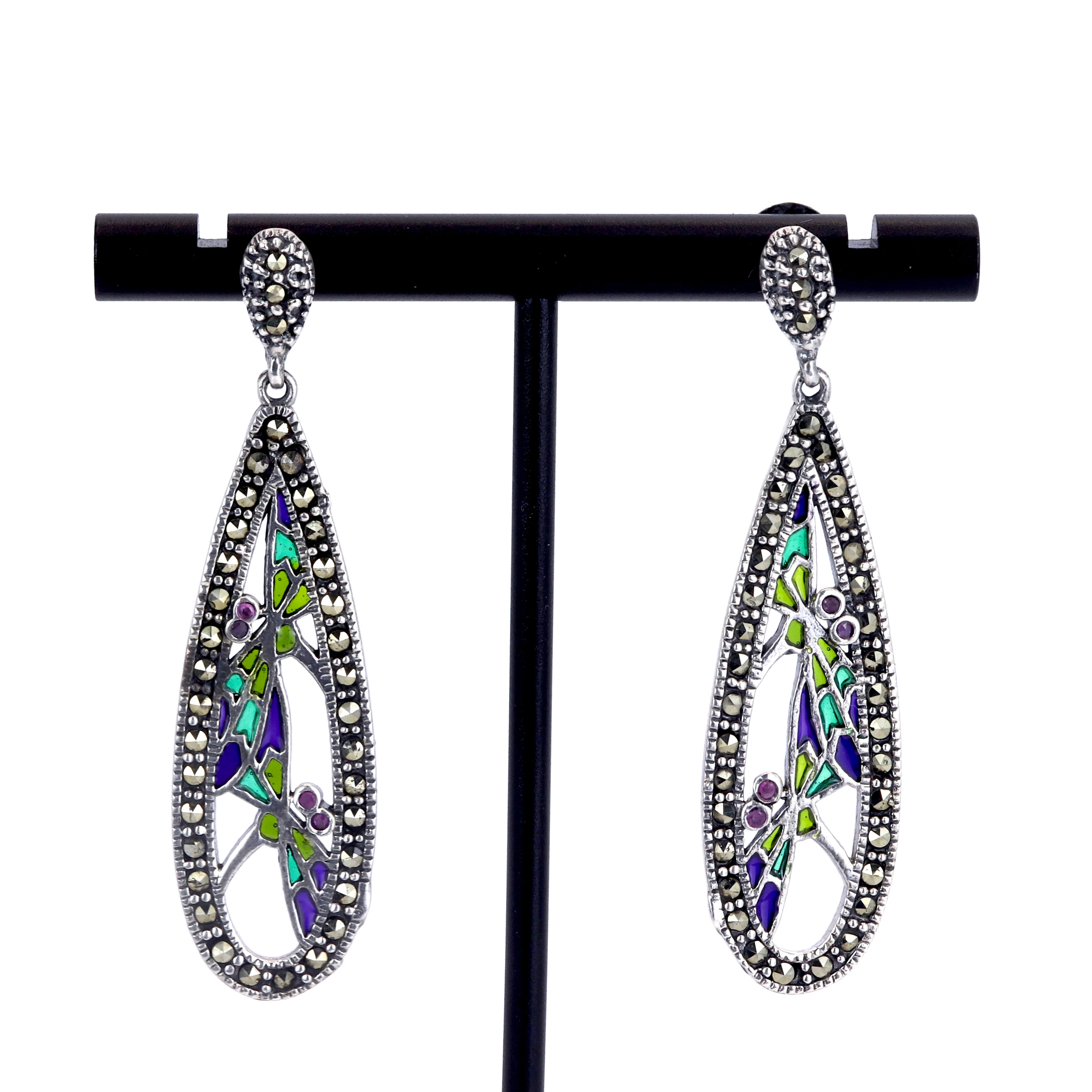 925 MARCASITE AND ENAMEL EARRINGS.