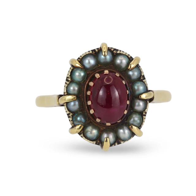 18CT GOLD RUBY & PEARL RING.