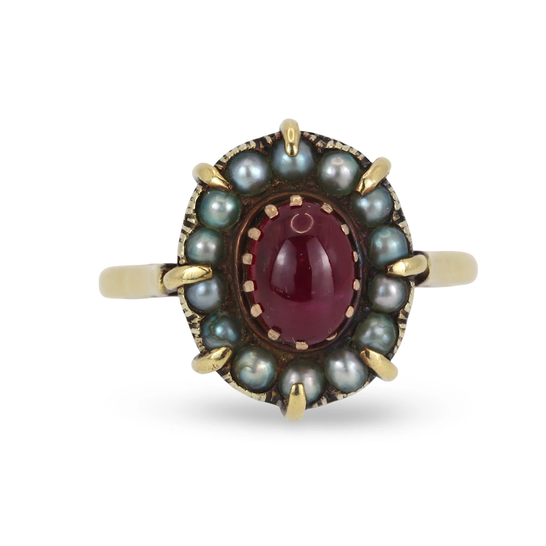 18CT GOLD RUBY & PEARL RING.