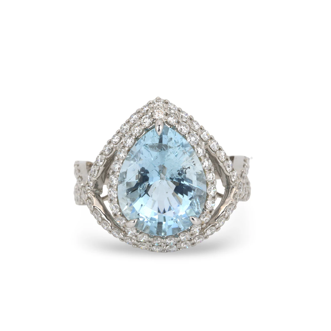 18CT WHITE GOLD 1.36CT AQUA AND DIA RING.