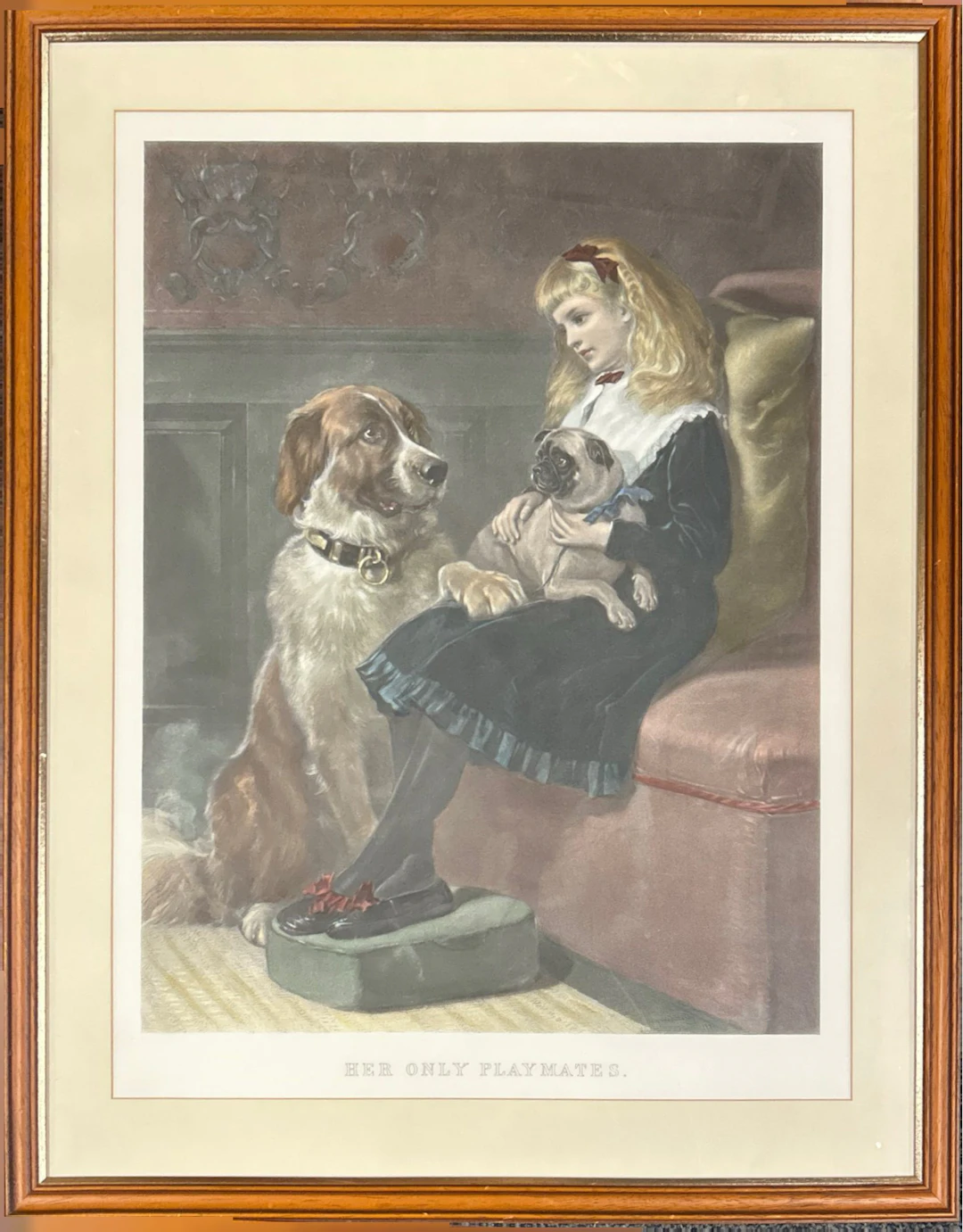 VICTORIAN PRINT OF GIRL & DOGS.