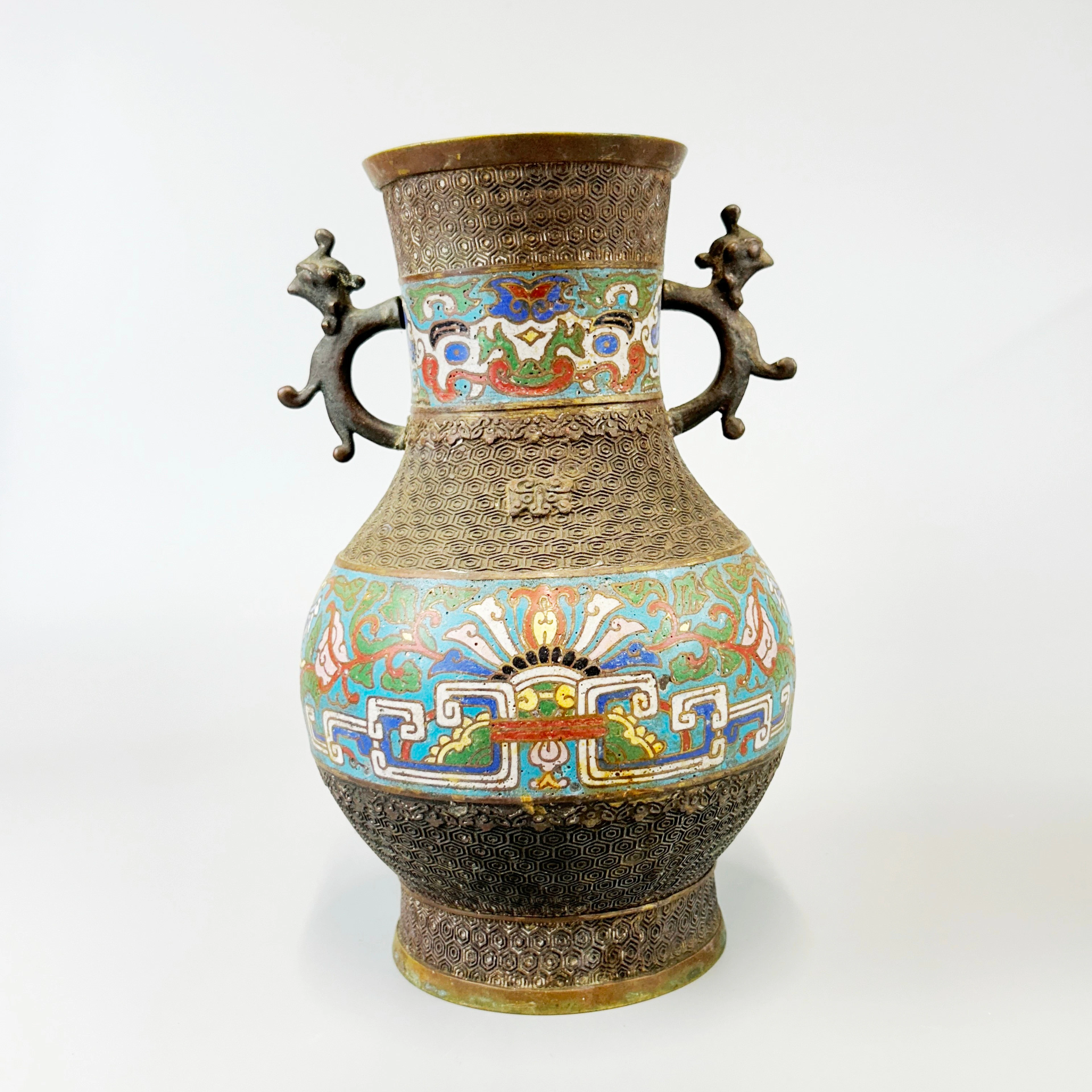 JAPANESE BRONZE & CHAMPLEVE ENAMEL VASE.