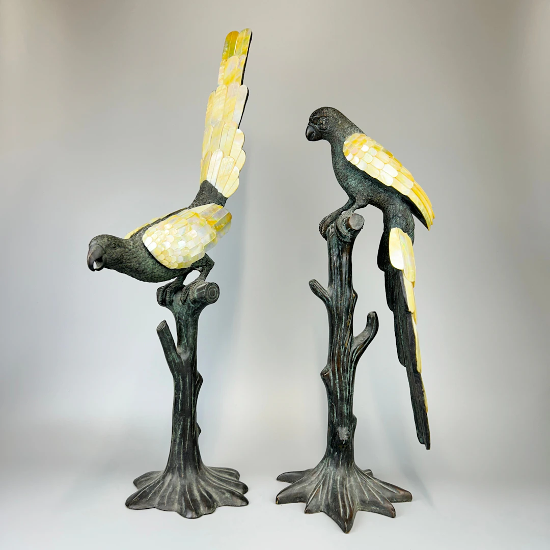 TWO BRONZE & MOP PARROTS.