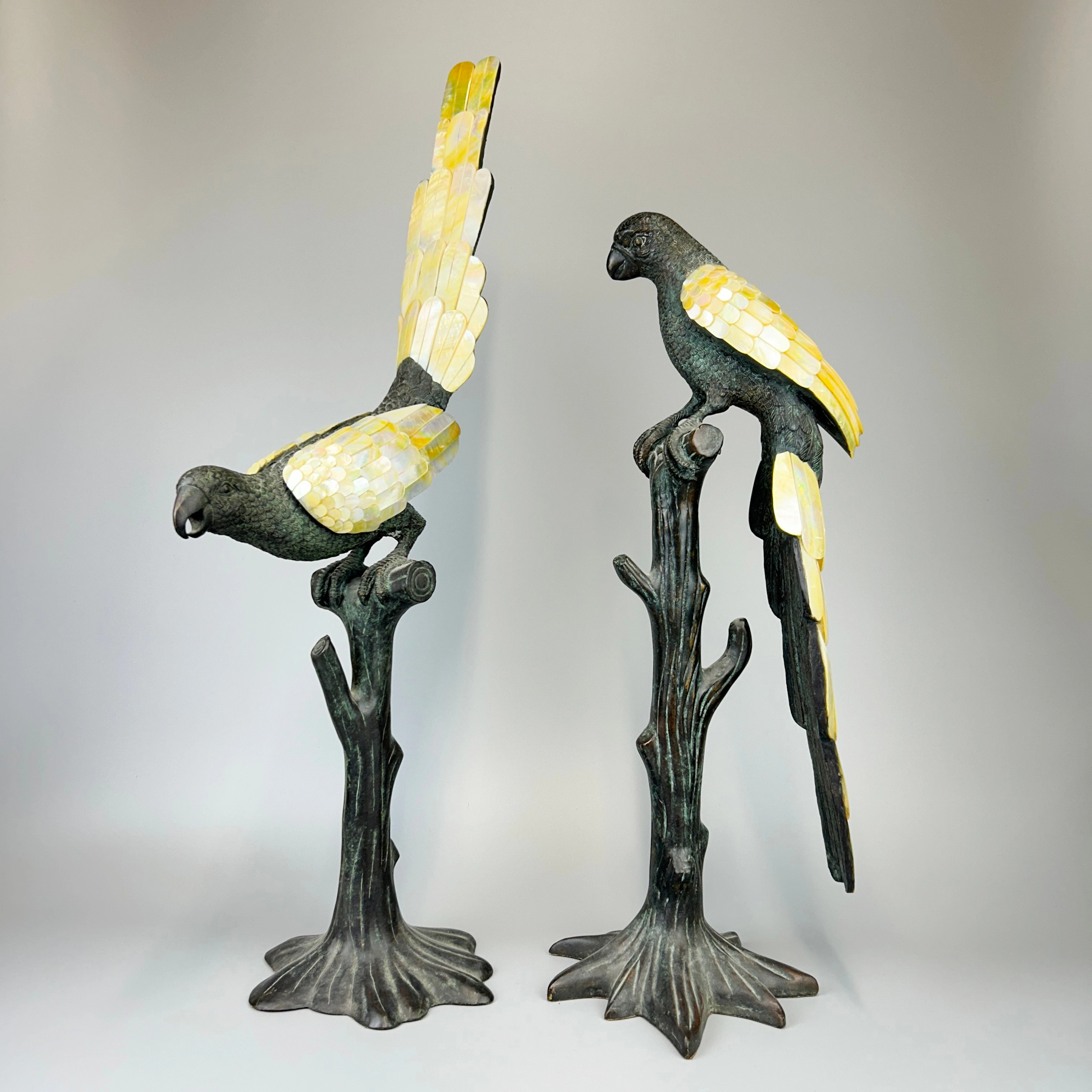 TWO BRONZE & MOP PARROTS.