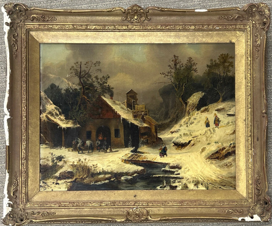 OIL ON BOARD WINTER SCENE.