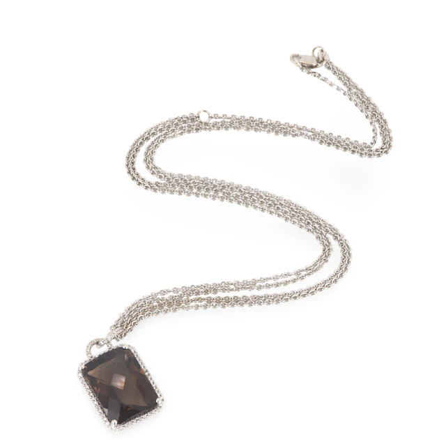 18CT SMOKEY QUARTZ & DIAMOND NECKLACE.