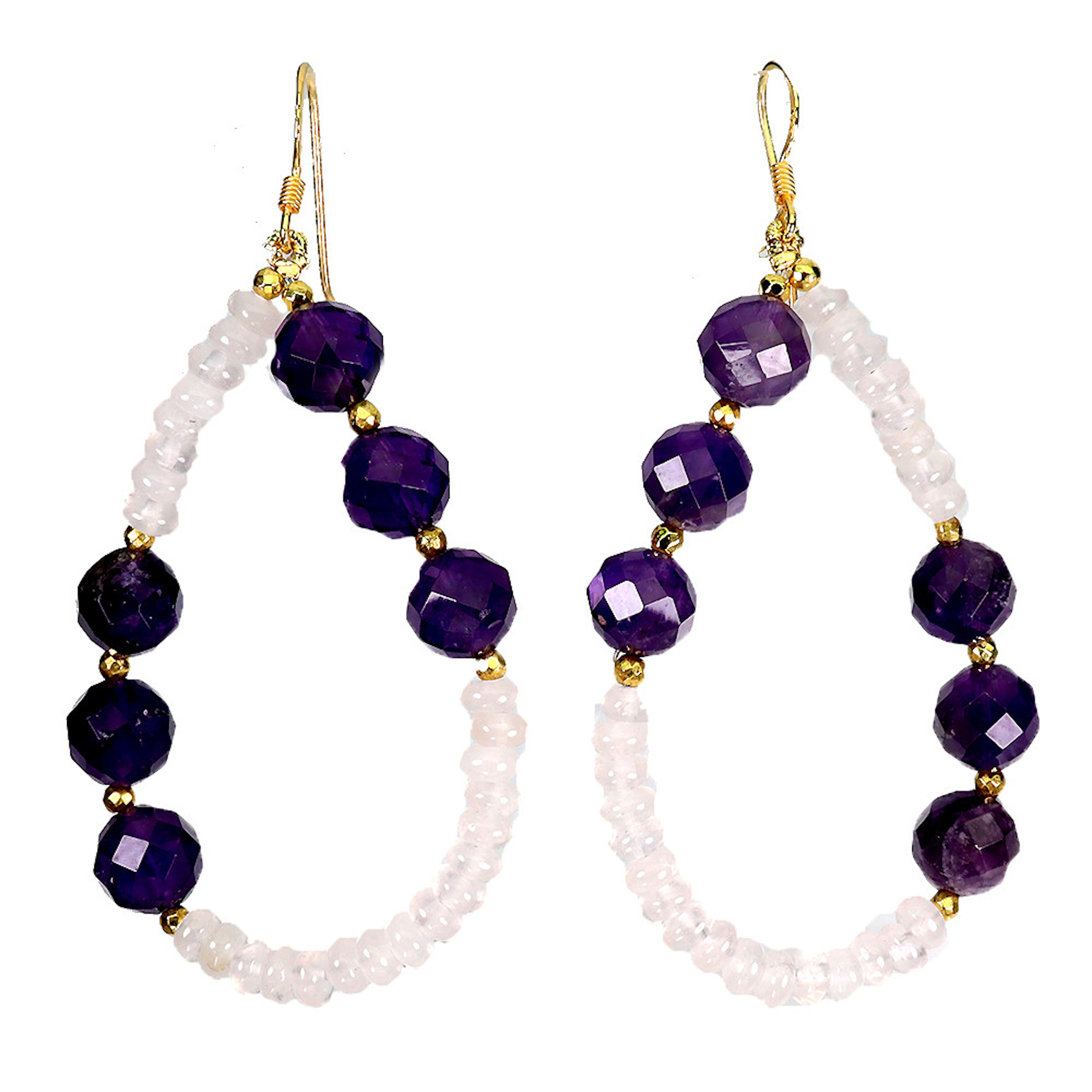 SILVER GILT AMETHYST AND ROSE QUARTZ EARRINGS.