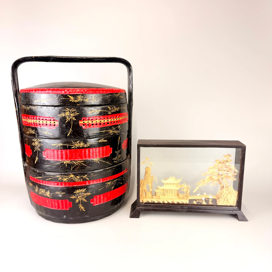 MOON CAKE BOX AND CORK SCULPTURE.