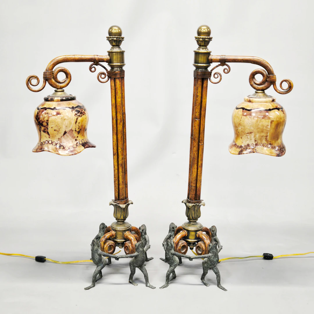ORNATE BRONZE & WOODEN LAMPS.