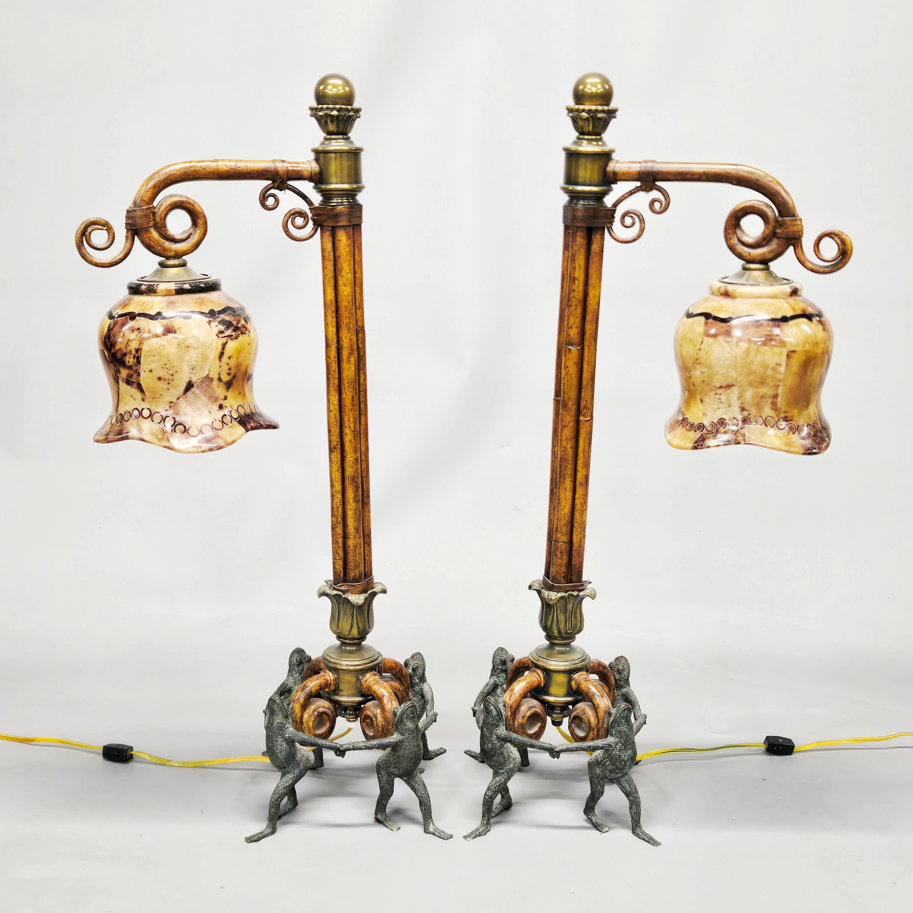 ORNATE BRONZE & WOODEN LAMPS.