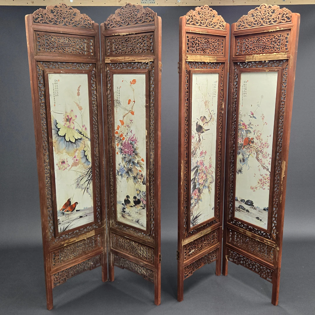 CHINESE HARDWOOD & PORCELAIN SCREEN.