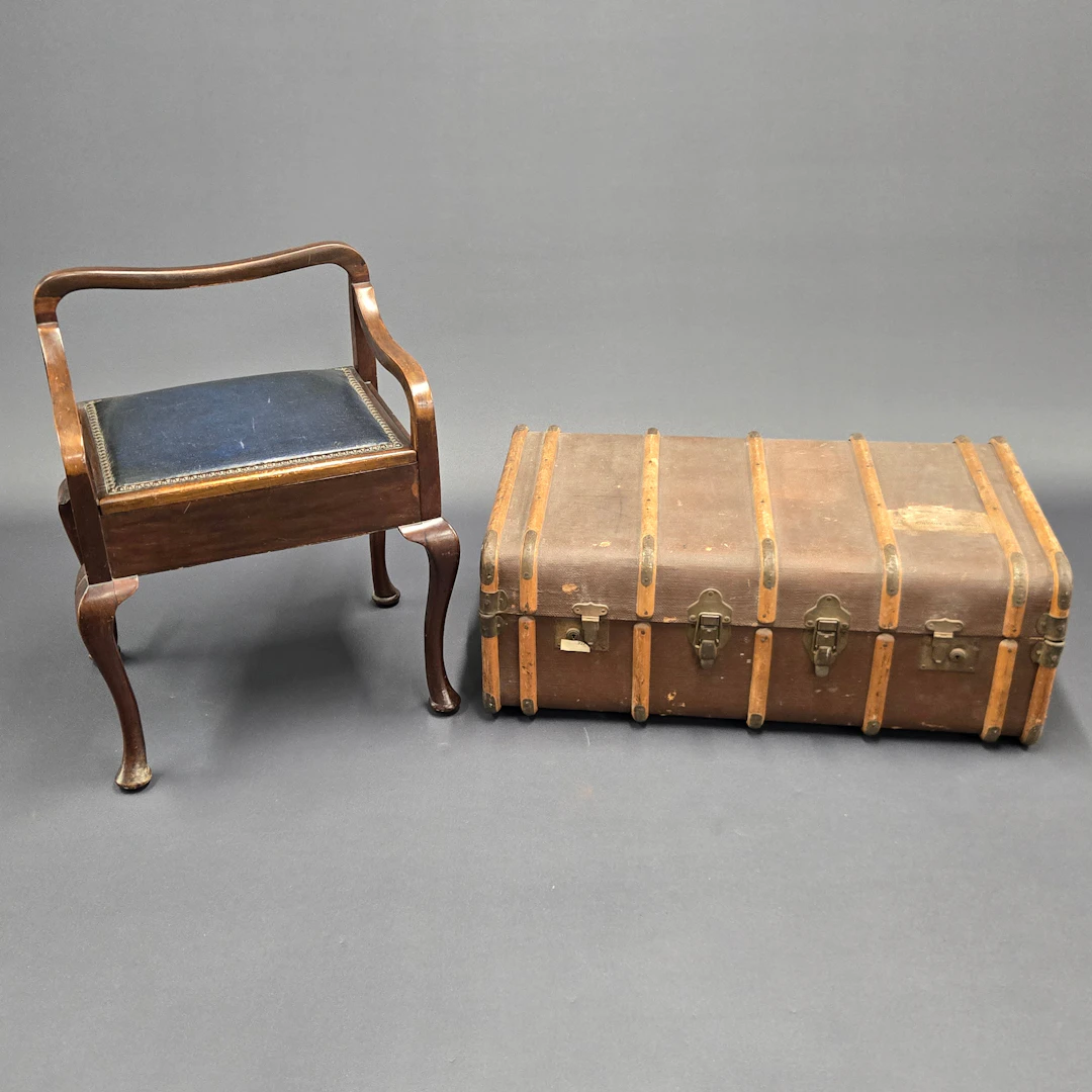 LUGGAGE TRUNK & PIANO STOOL.