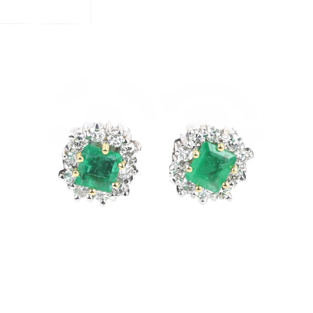 18CT GOLD EMERALD & DIAMOND EARRINGS.