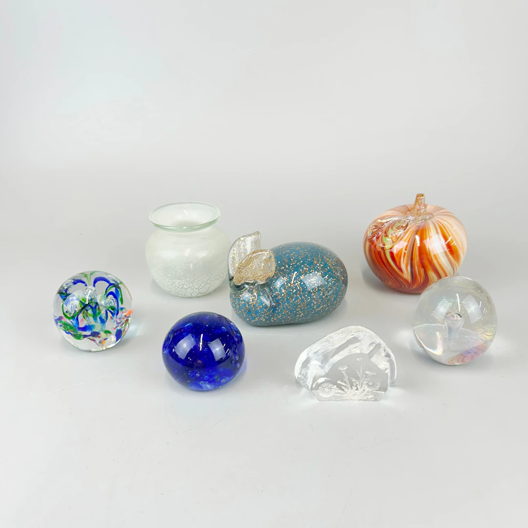 SIX GLASS PAPERWEIGHTS ETC.