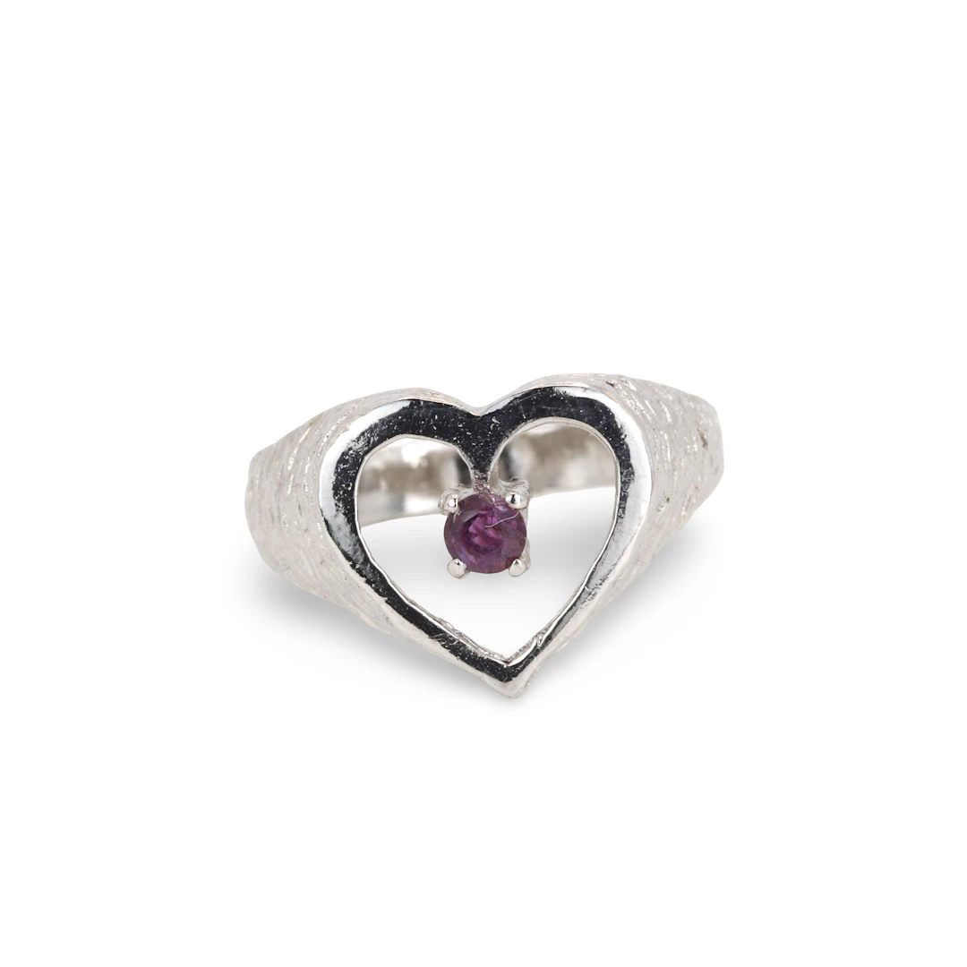 SILVER RUBY HEART RING.