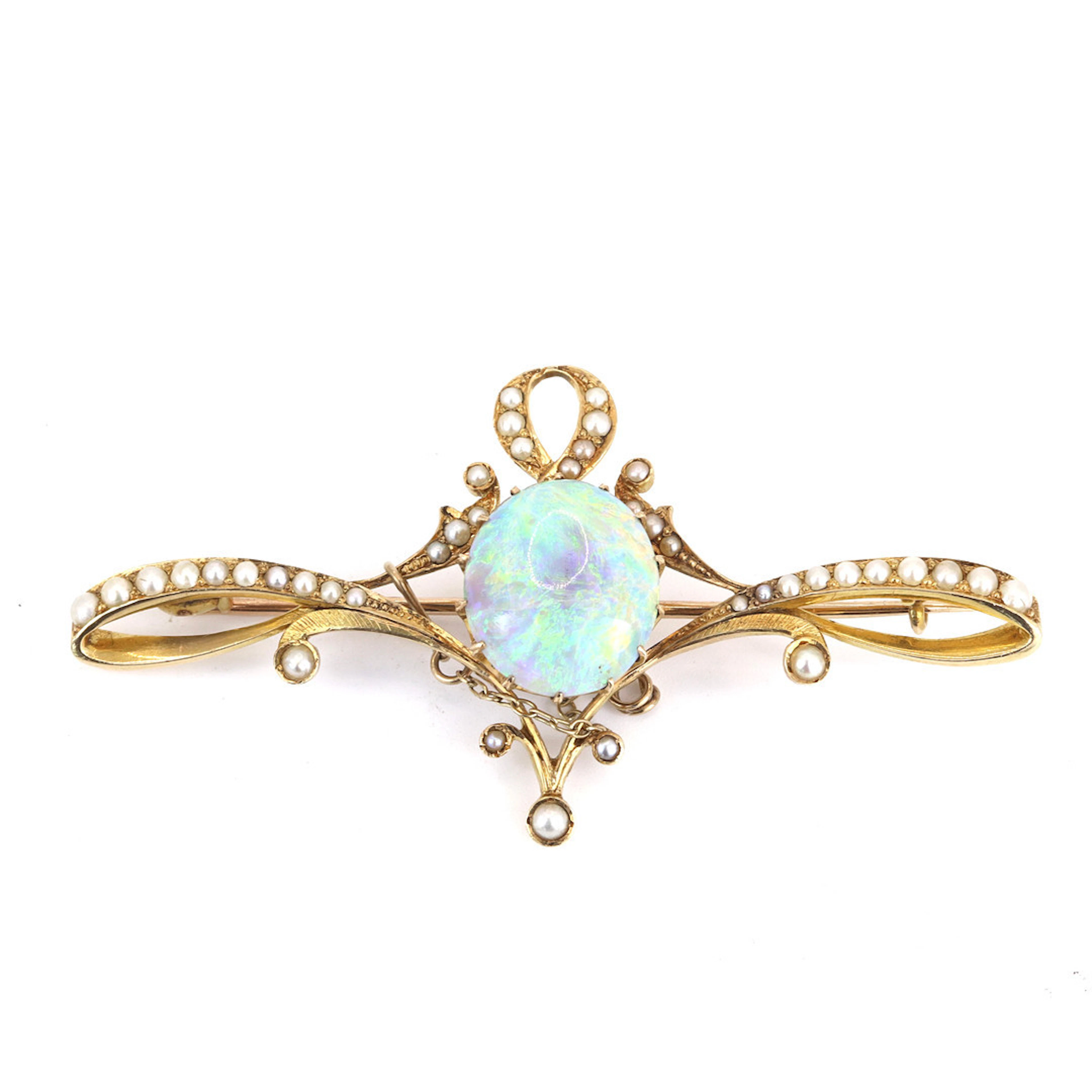 18CT GOLD OPAL & PEARL BROOCH.
