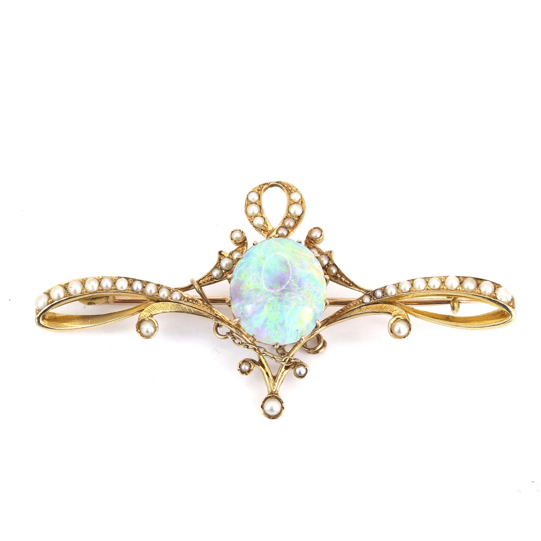 18CT GOLD OPAL & PEARL BROOCH.