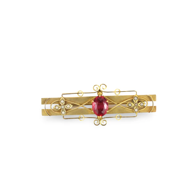 9CT GOLD TOURMALINE BROOCH.