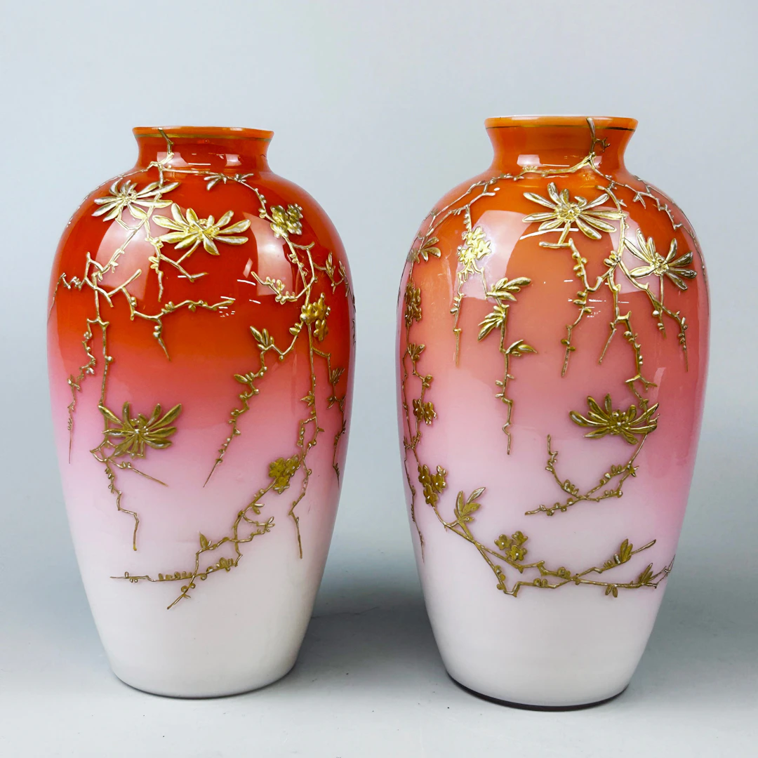 PEACH BLOOM STOURBRIDGE VASES.