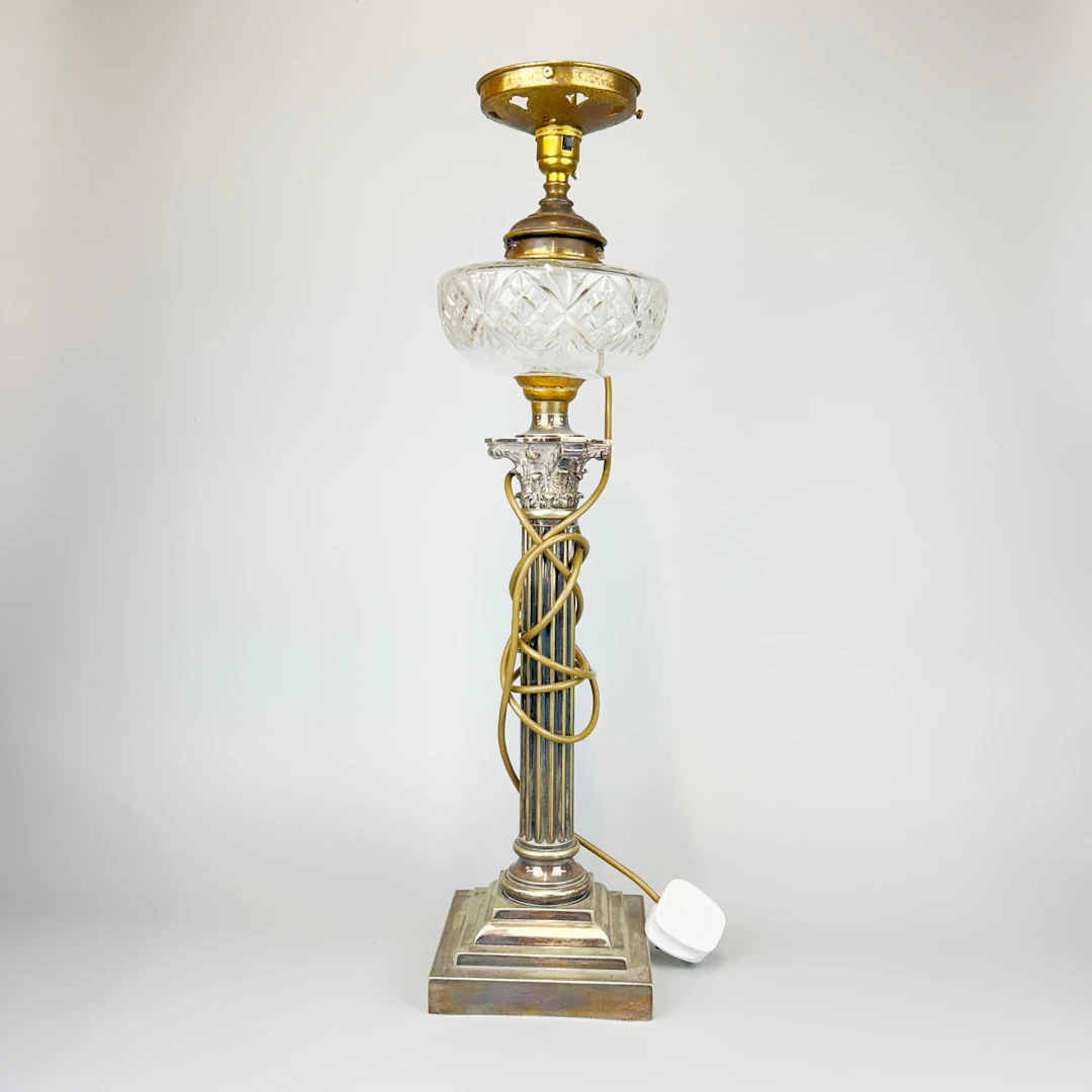 SILVER PLATE & GLASS TABLE LAMP.
