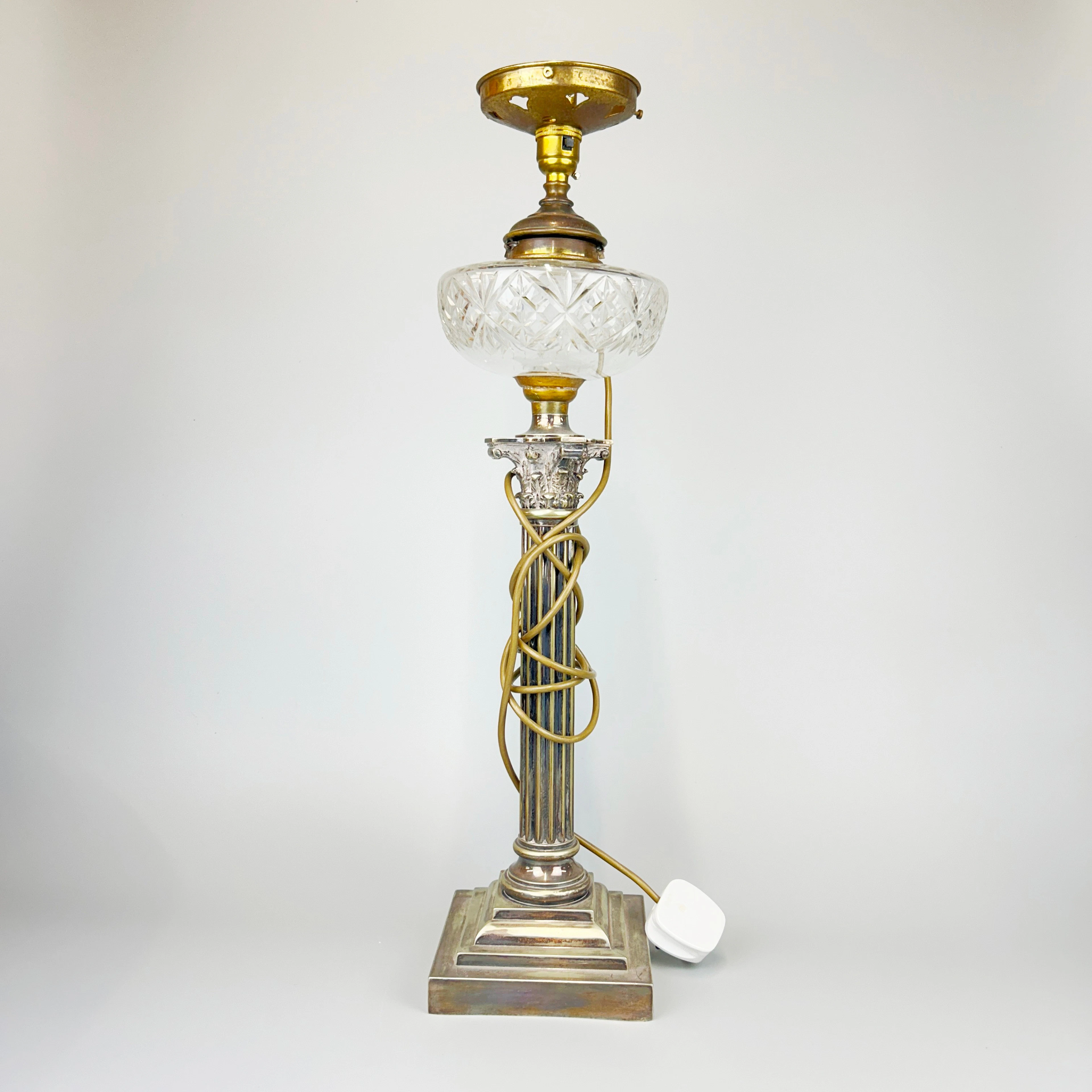 SILVER PLATE & GLASS TABLE LAMP.