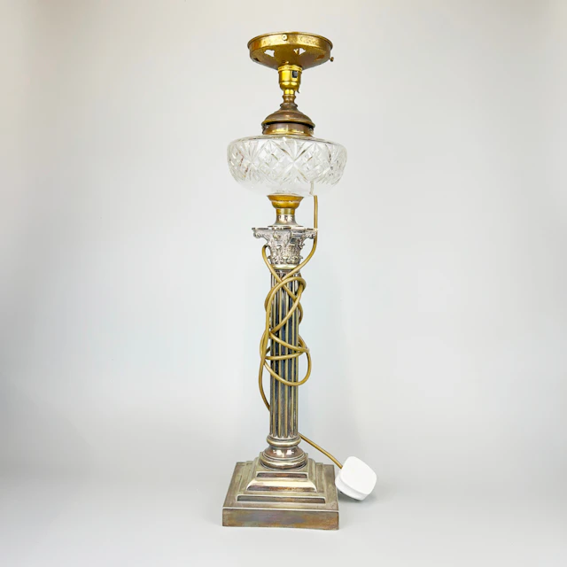SILVER PLATE & GLASS TABLE LAMP.