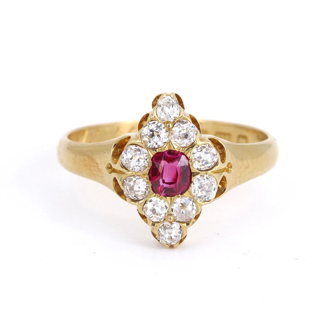 ANTIQUE 18CT GOLD RUBY & DIAMOND RING.