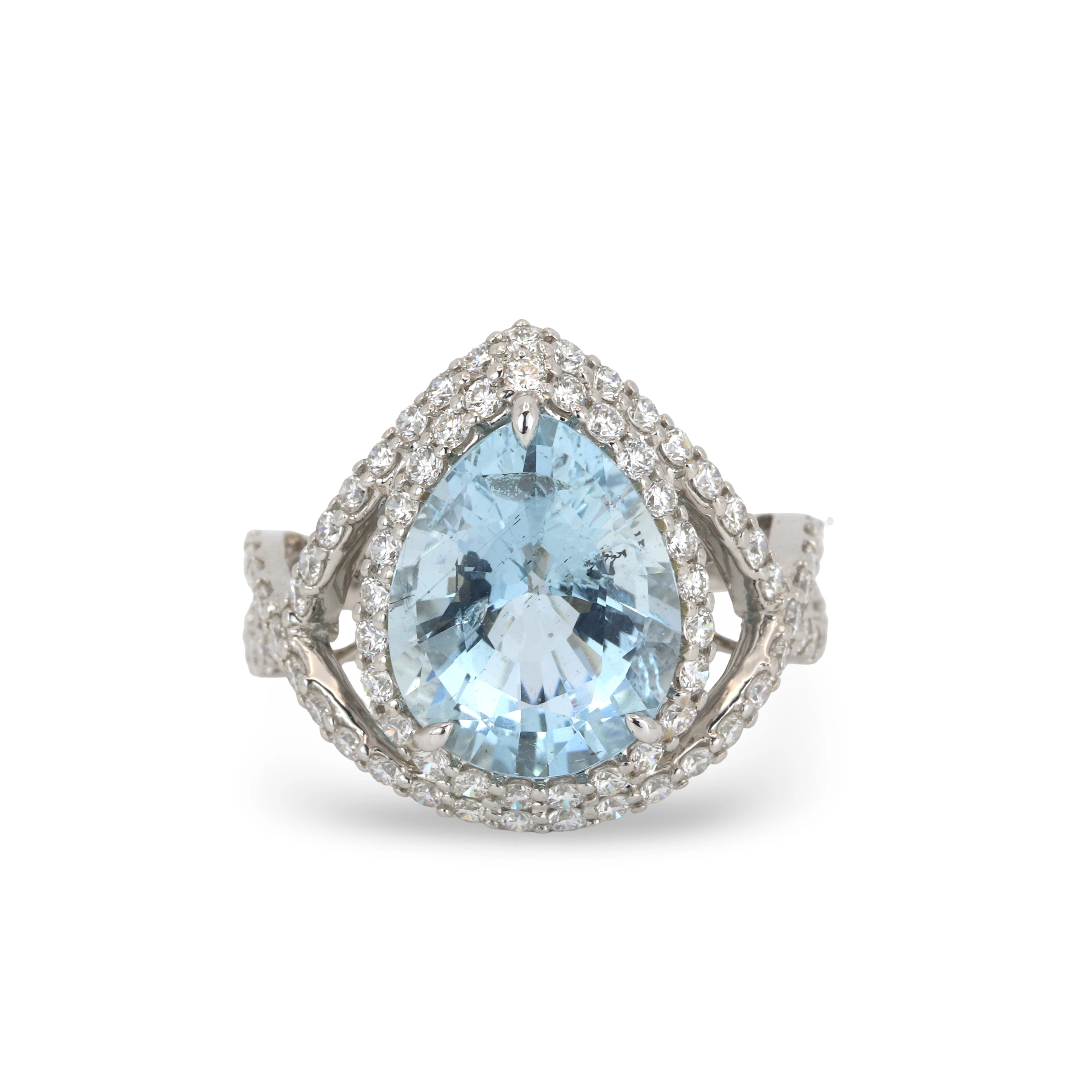 18CT WHITE GOLD 1.36CT AQUA AND DIA RING.