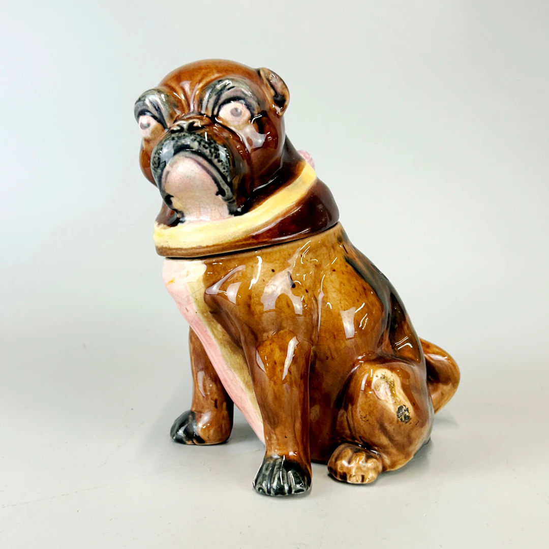 CERAMIC MAJOLICA PUG JAR.