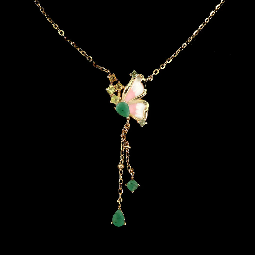 BUTTERFLY EMERALD SILVER GILT NECKLACE.