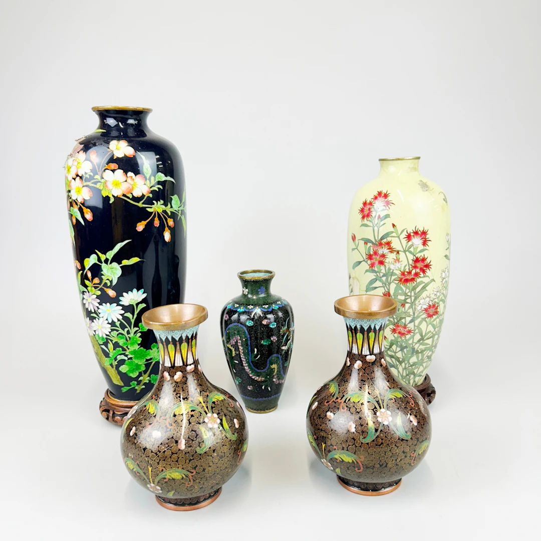 FIVE CLOISONNÉ & CANTON VASES.