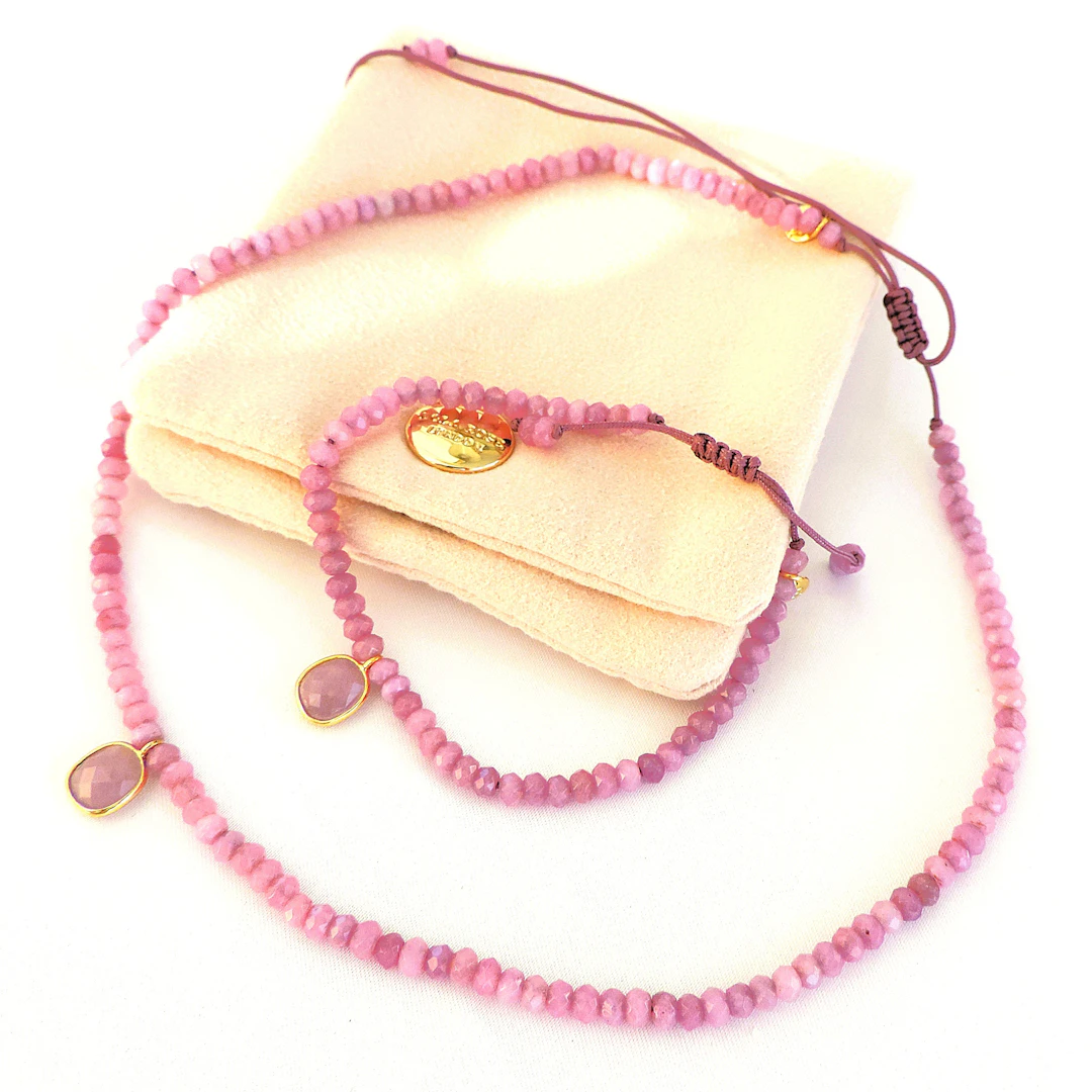 LOLA ROSE LONDON PINK QUARTZ GEMSTONE NECKLACE & BRACELET.