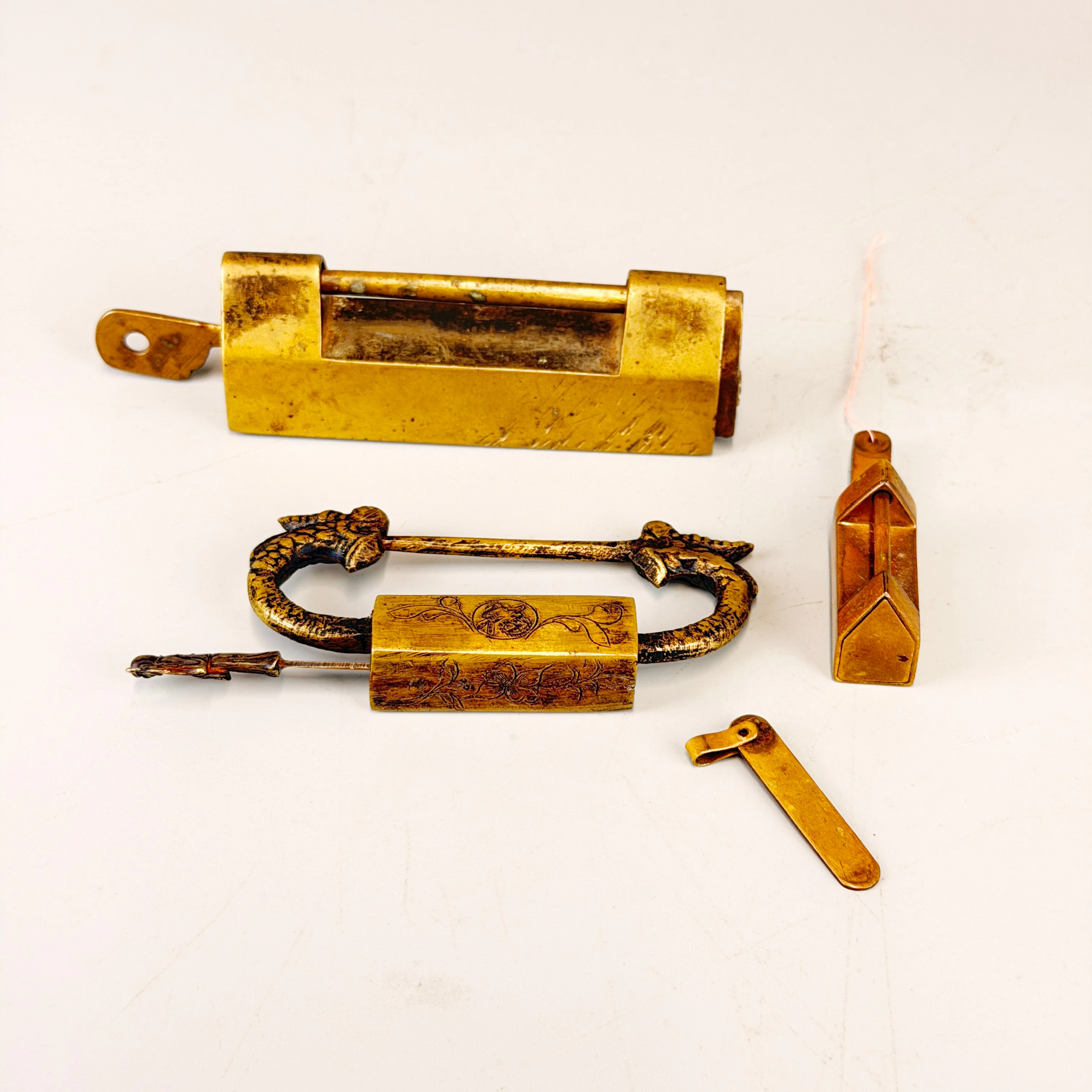 THREE CHINESE BRASS LOCKS.