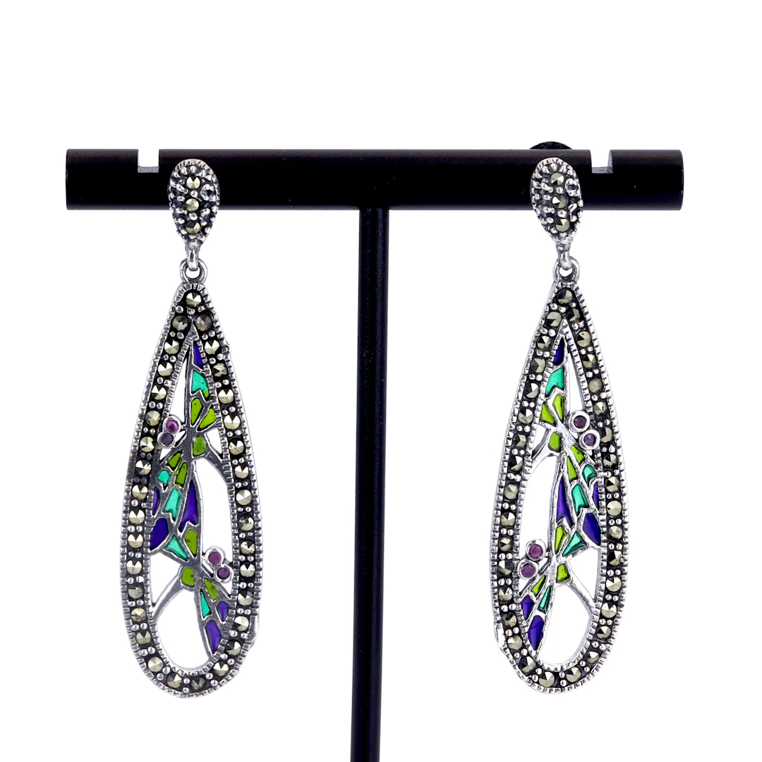 925 MARCASITE AND ENAMEL EARRINGS.