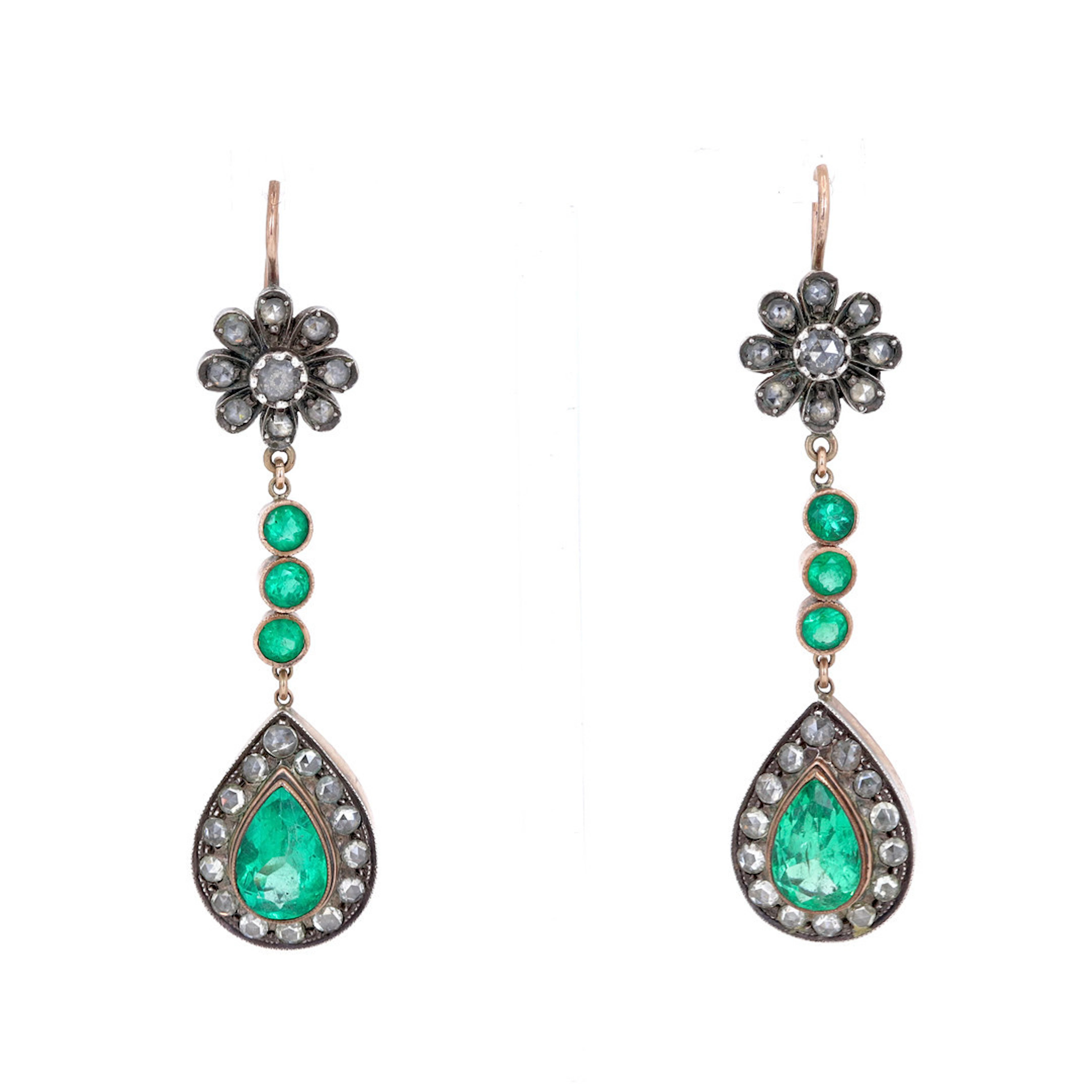 14CT (6CT) EMERALD & DIAMOND EARRINGS.