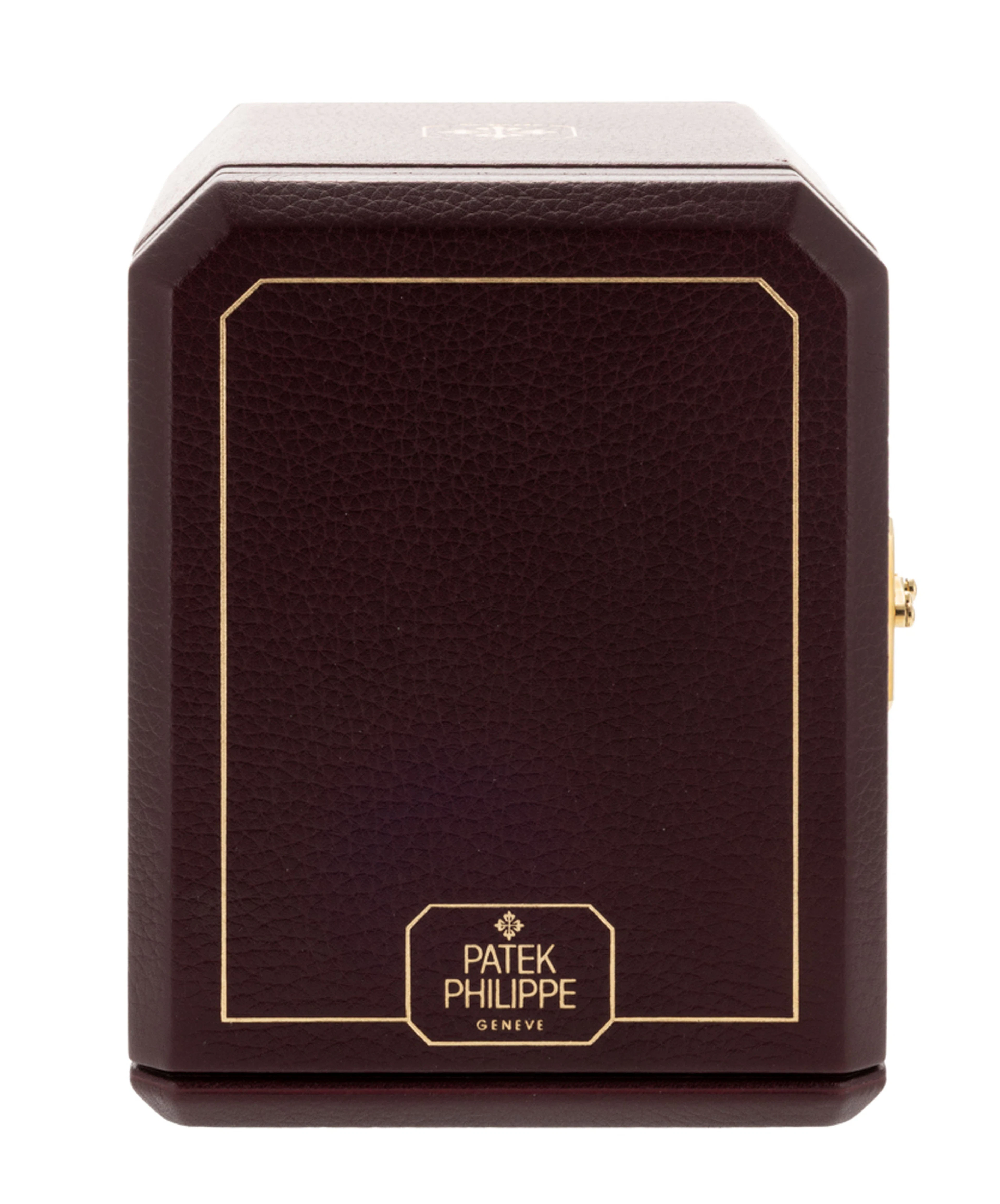 Patek Philippe, remontoir de montre en cuir bordeaux, signé, h. 15.4 cm, boîte