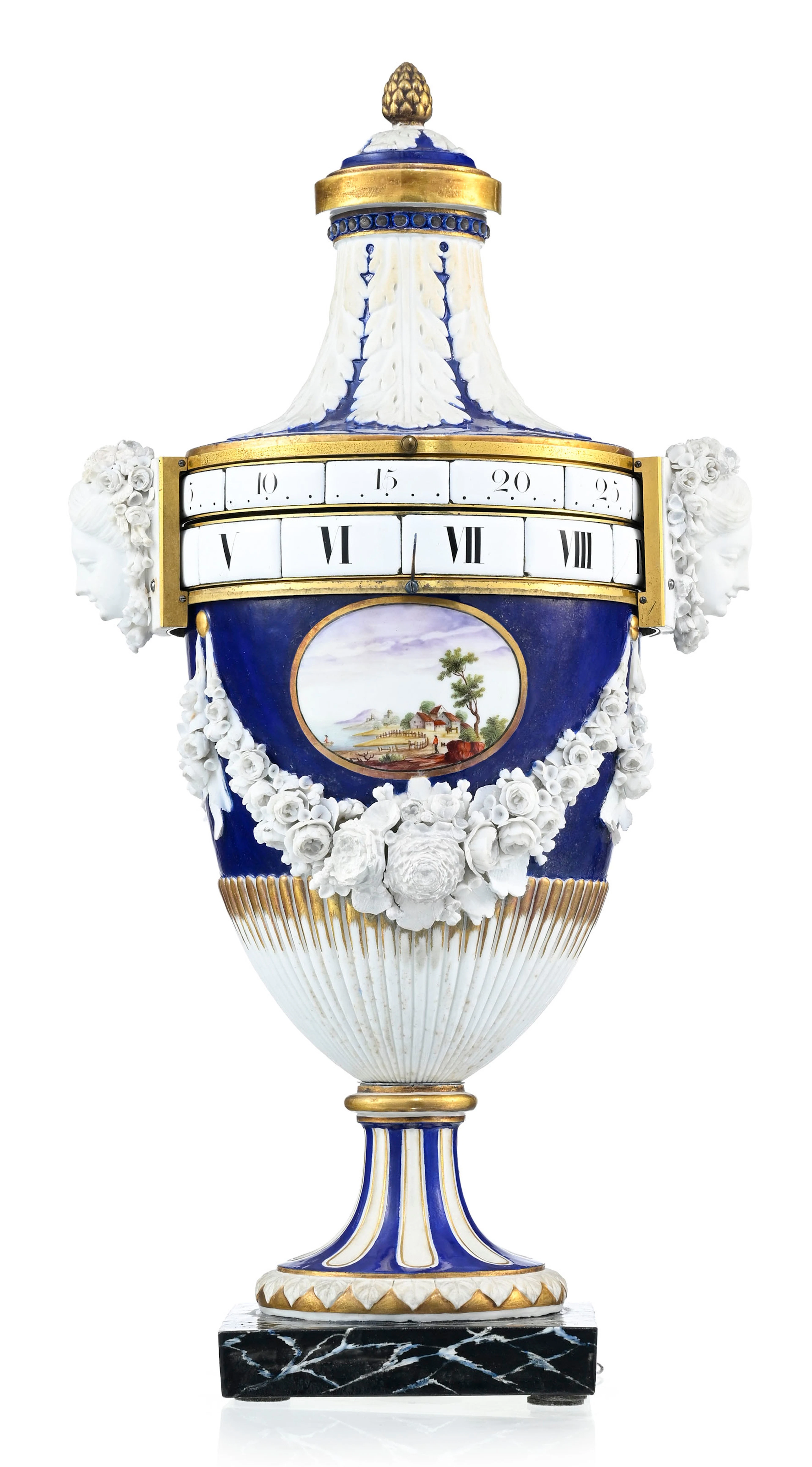 Pendule à cadrans tournants d'époque Louis XVI, en porcelaine à fond