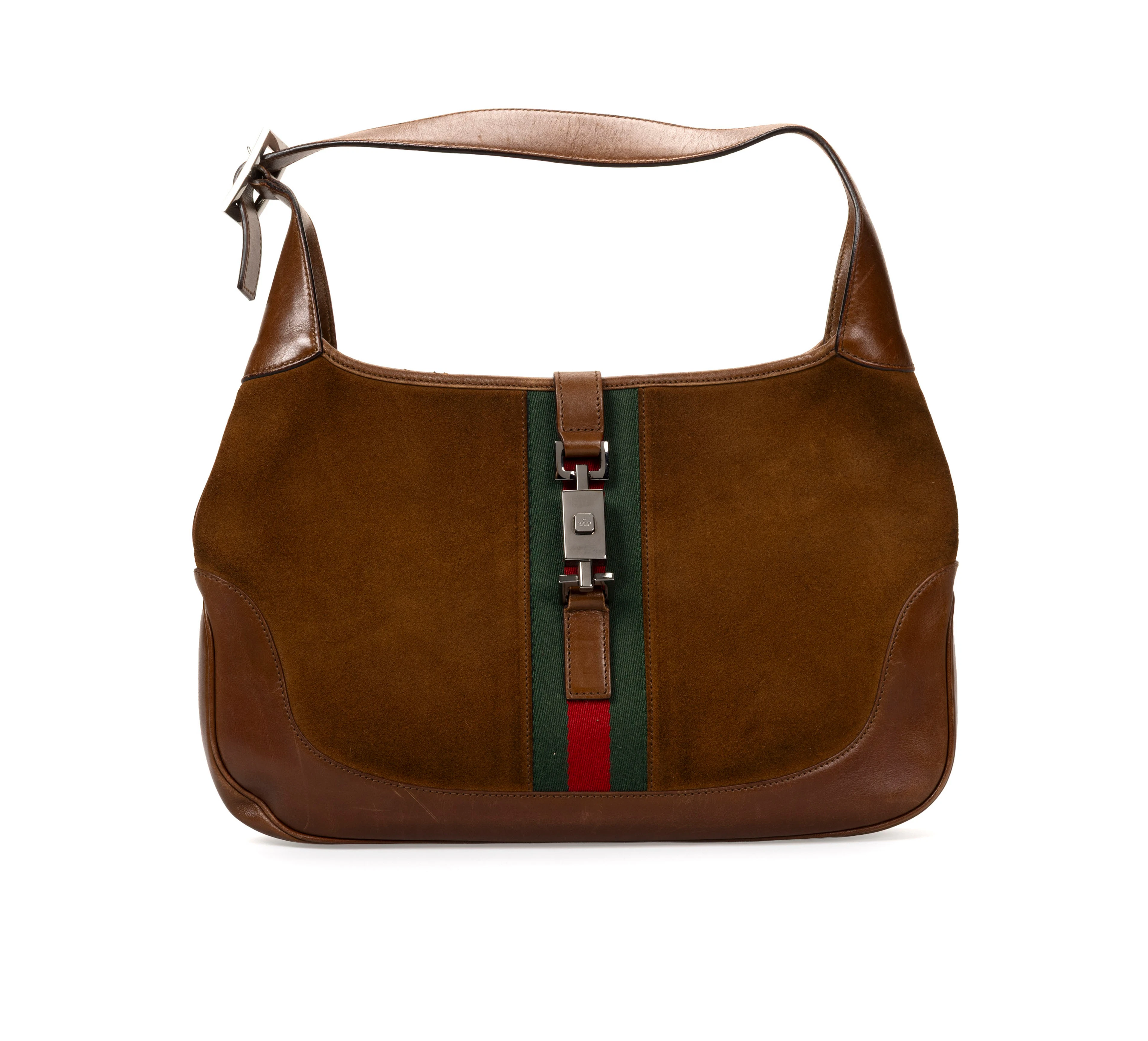 Gucci, sac Jackie en cuir et daim marron, le devant orné du ruban