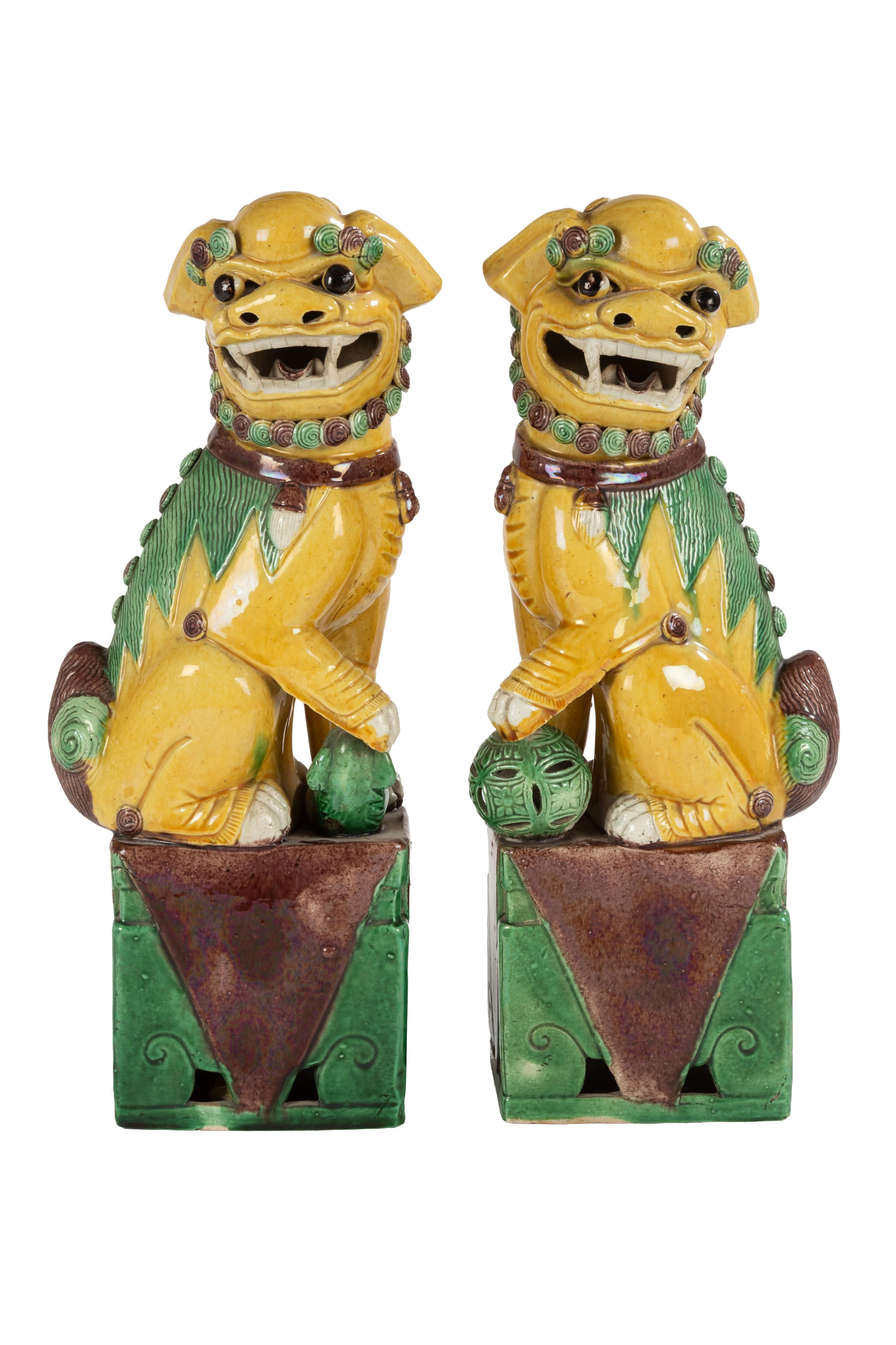 Couple de chiens de Fô, 2 sculptures en porcelaine à glaçure sancai