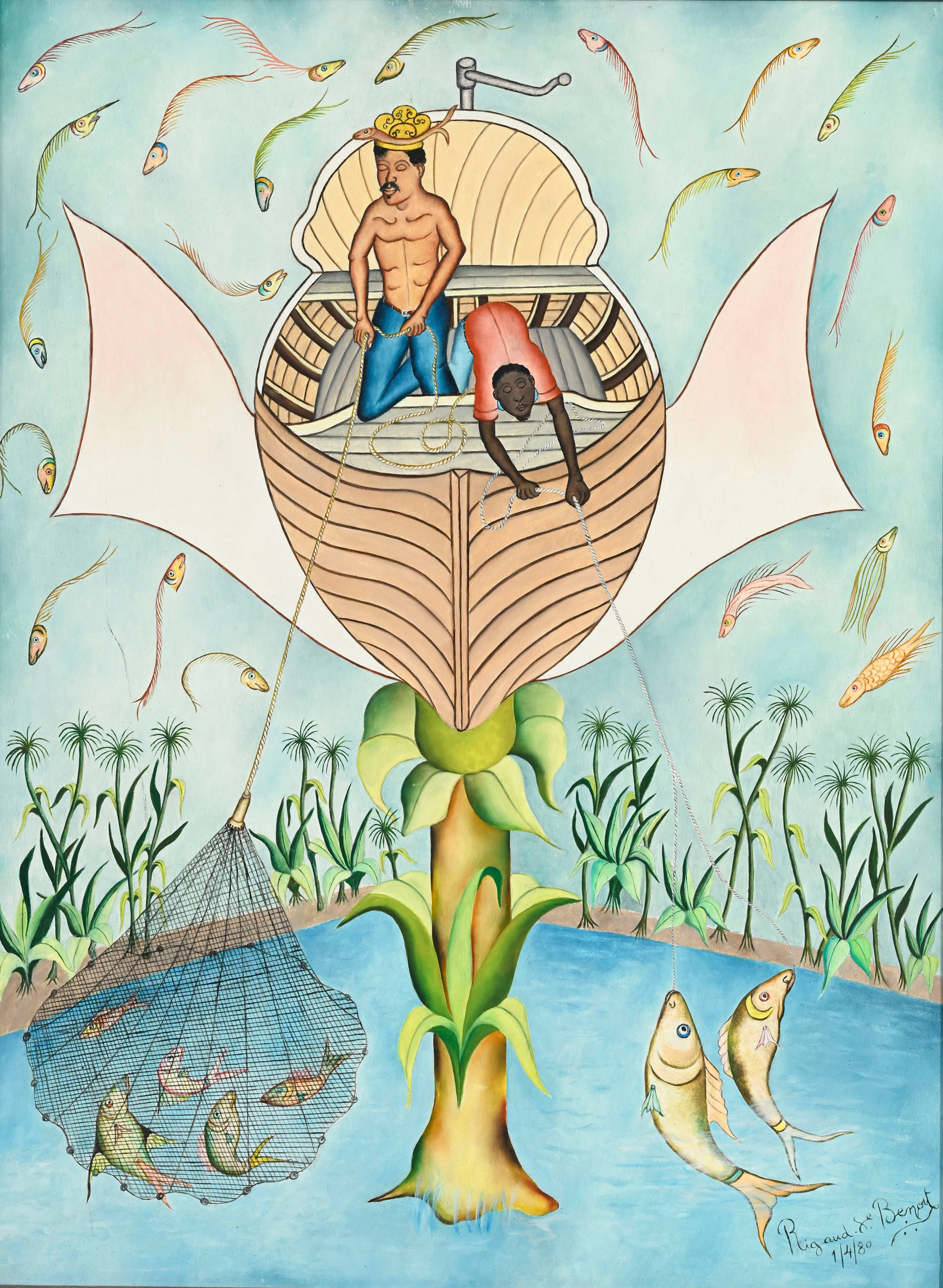Rigaud Benoit (1911-1987), Scène de pêche, 1980, acrylique sur carton