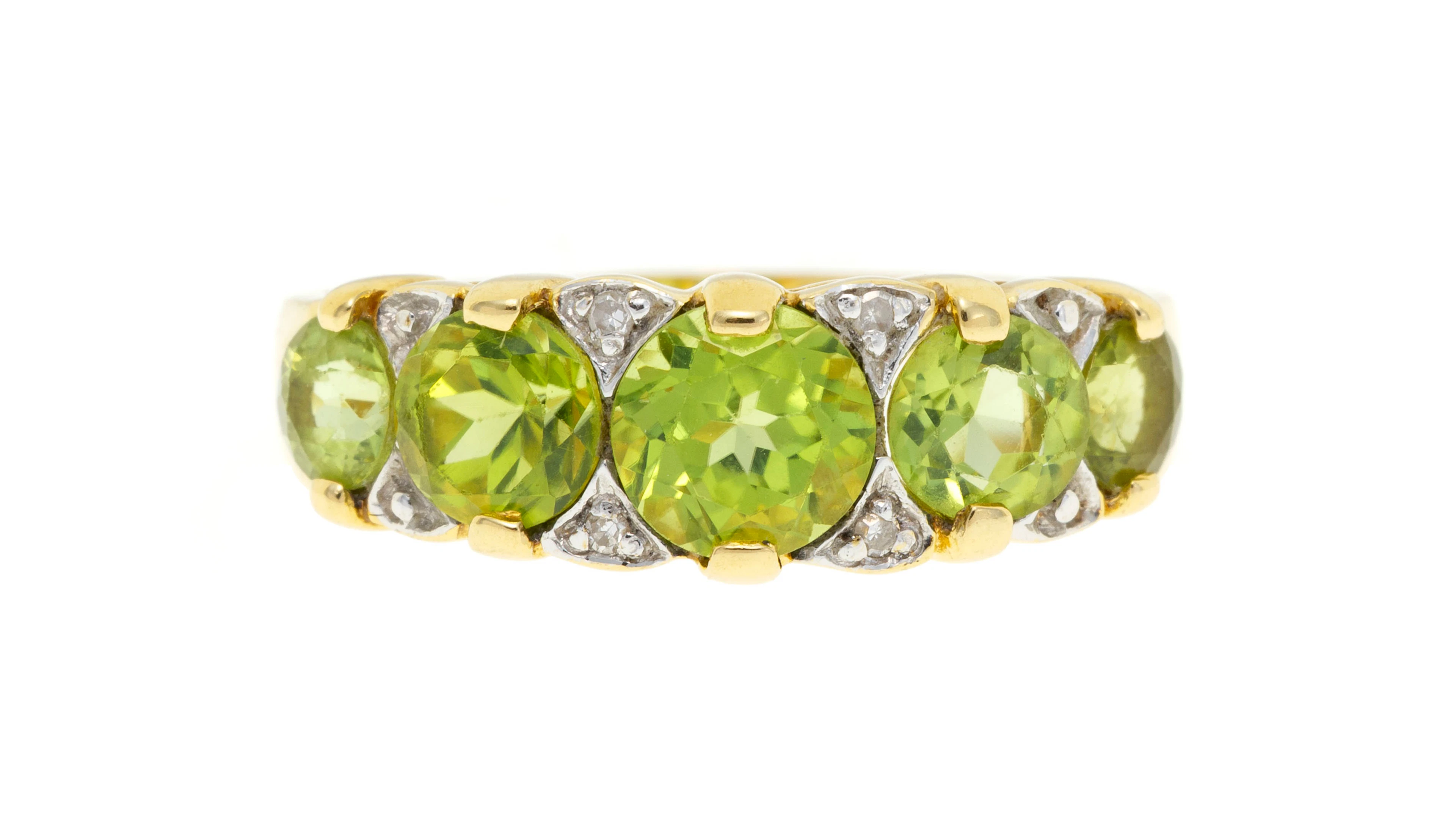 Bague or 750 sertie de péridots taille rond en chute alternés de diamants