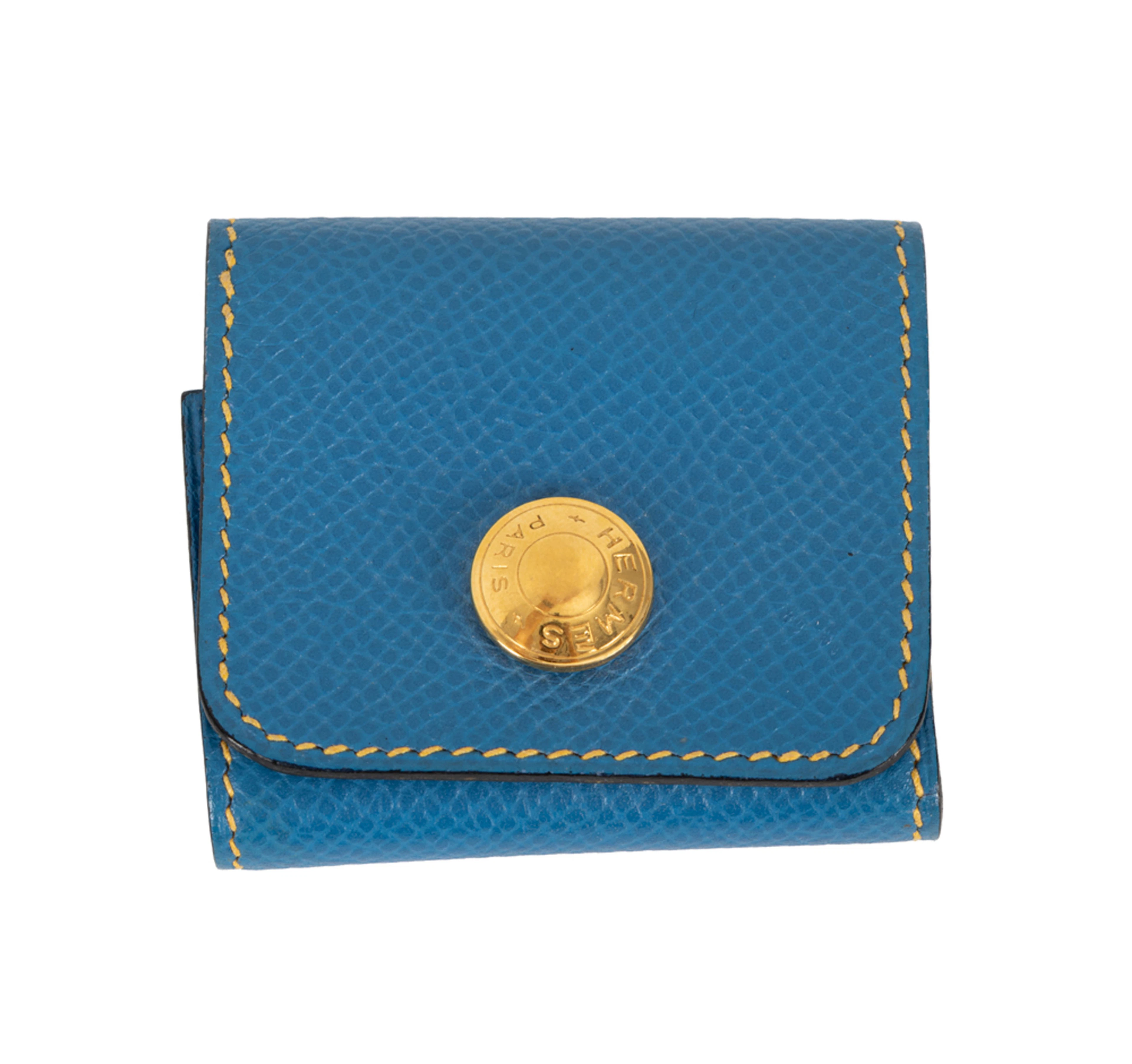 Hermès, Aladji porte post-it en cuir bleu Hydra, bouton Sellier, intérieur