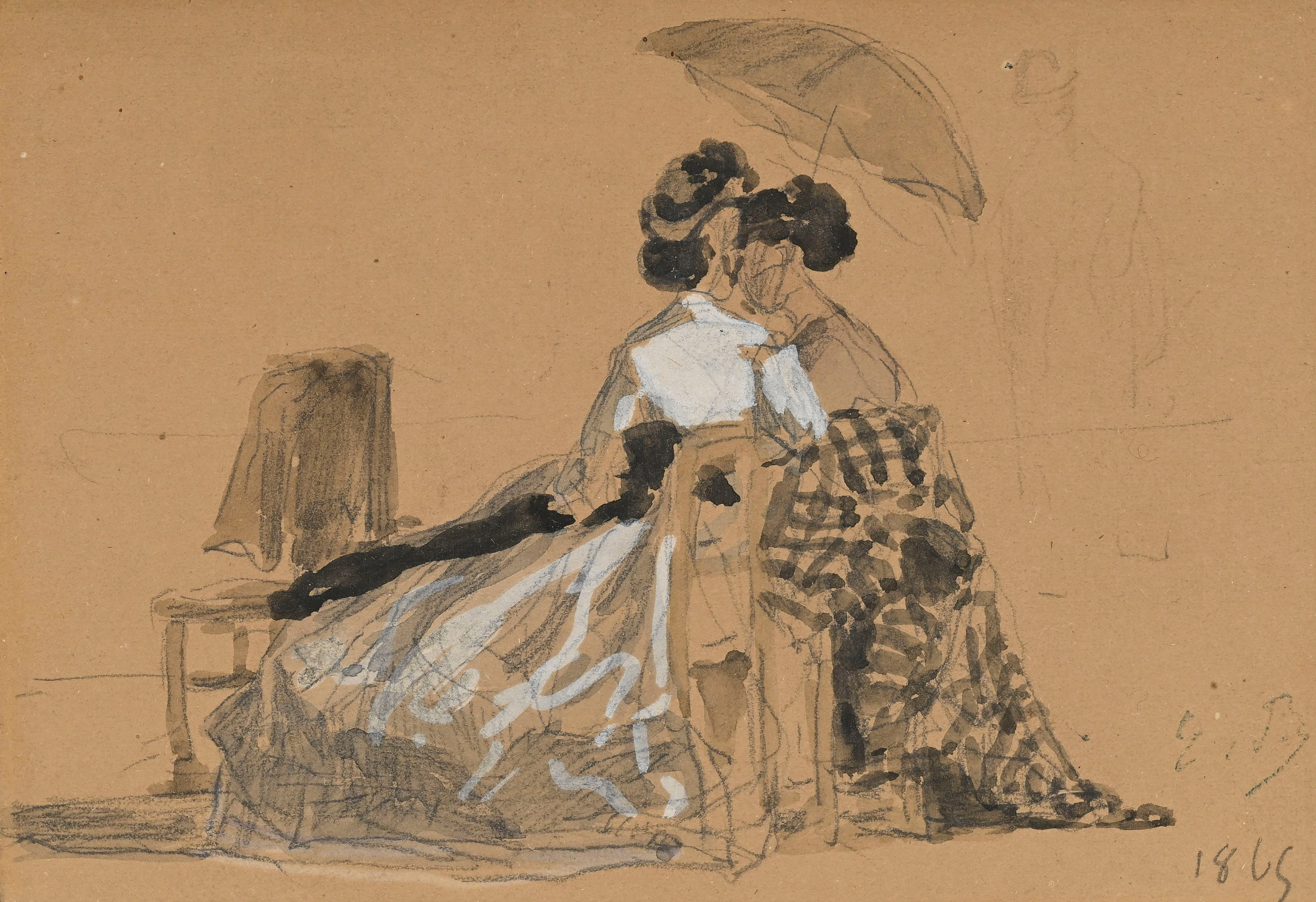 Eugène Boudin (1824-1898), Couple de femmes à la plage, 1865, lavis