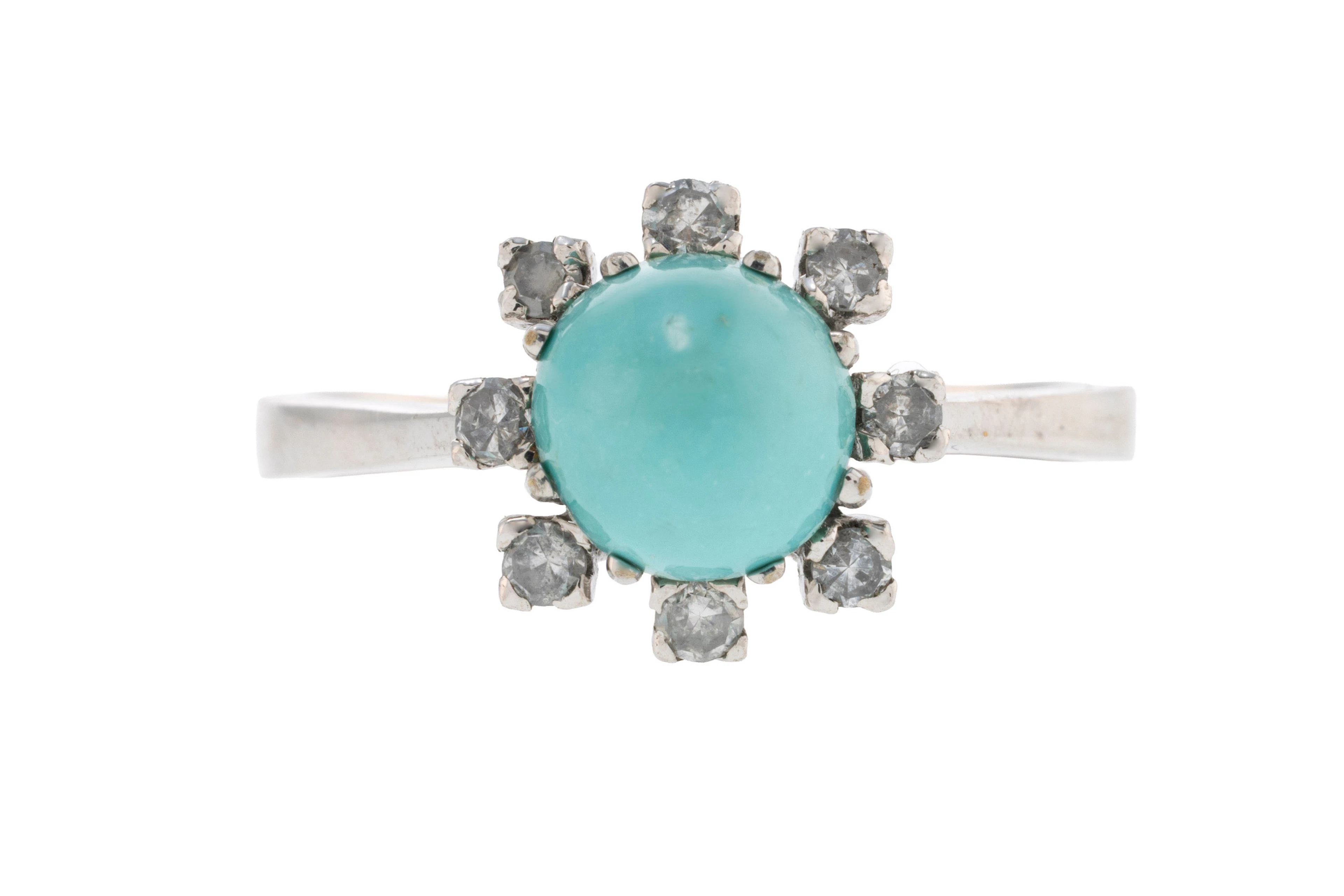 Bague or gris 750 ornée d'une turquoise entourée de diamants taille