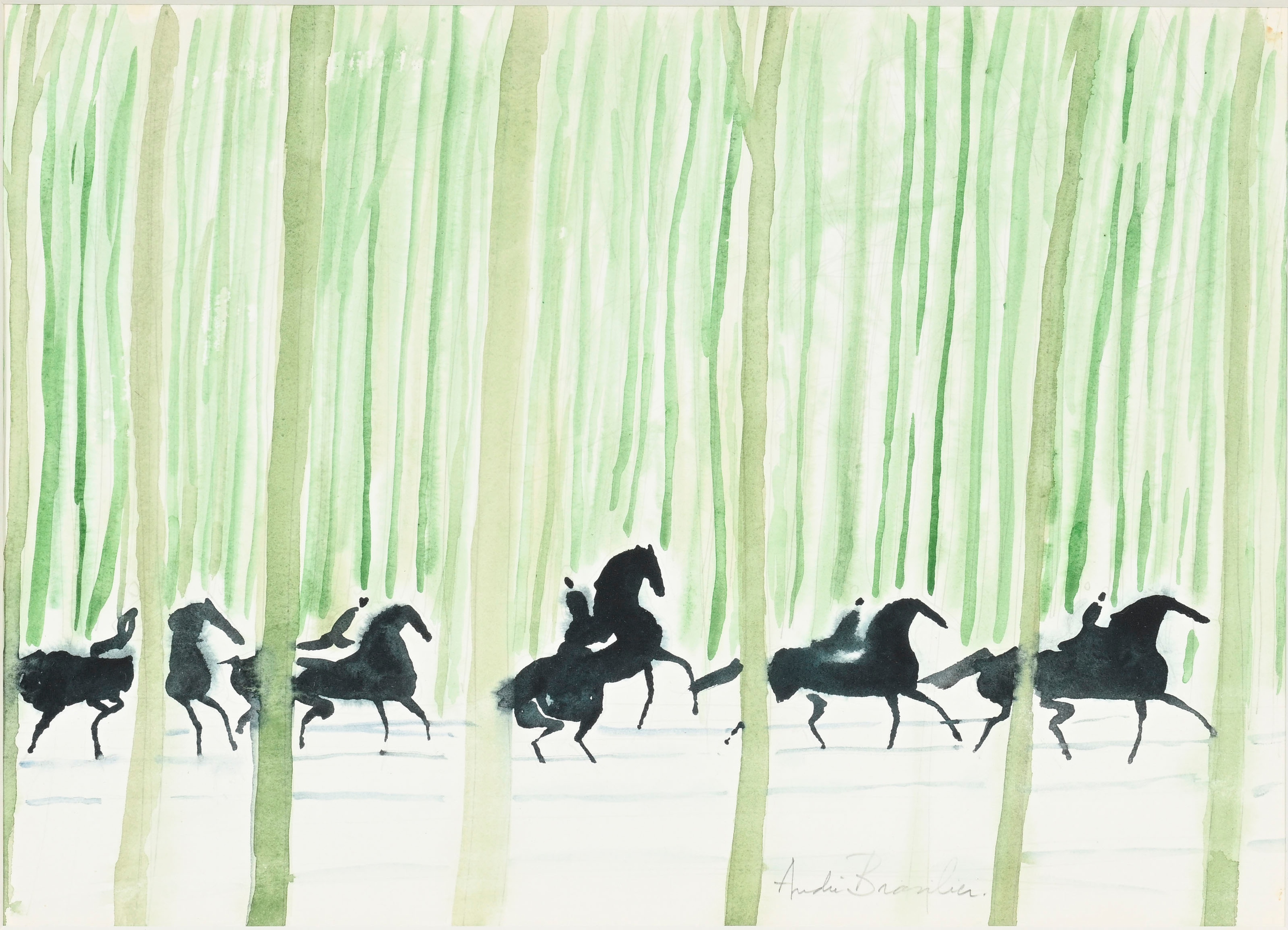 André Brasilier (1929), Chevaux dans la forêt verte, aquarelle sur