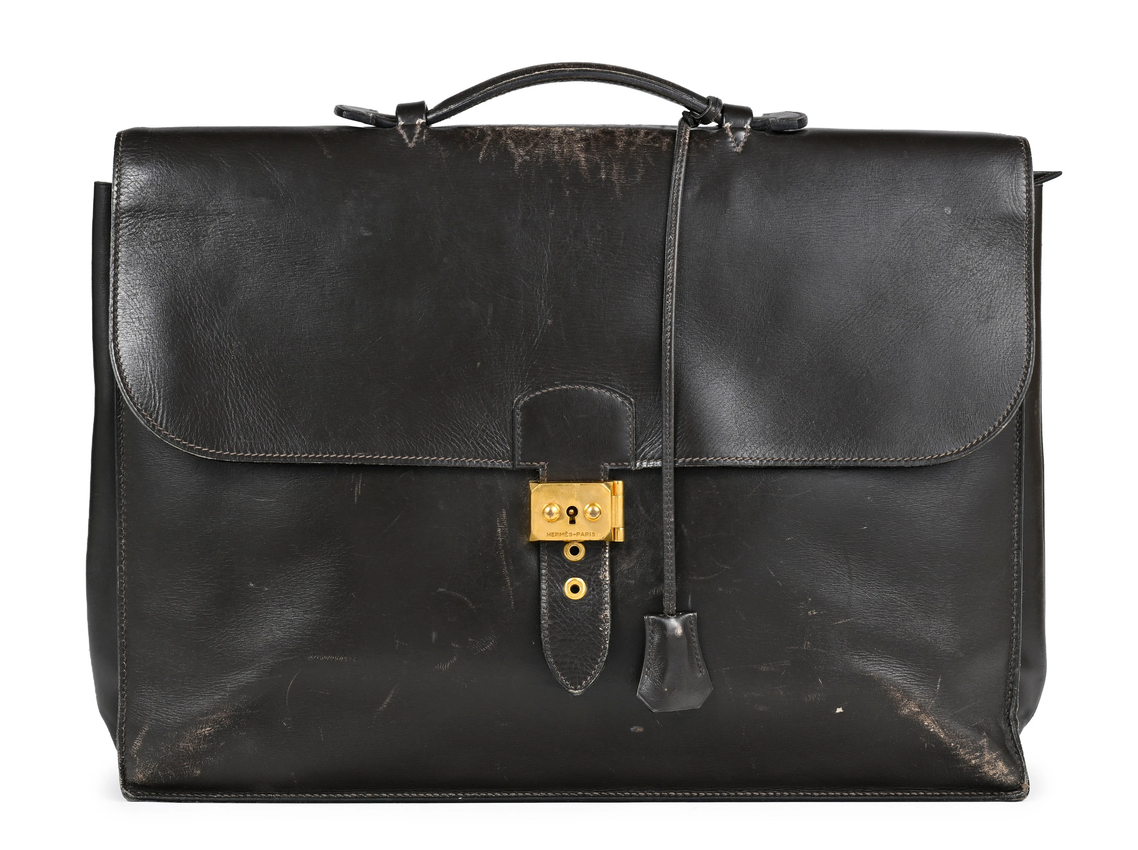 Hermès, sac à dépêches vintage en cuir box marron, année 1990, double