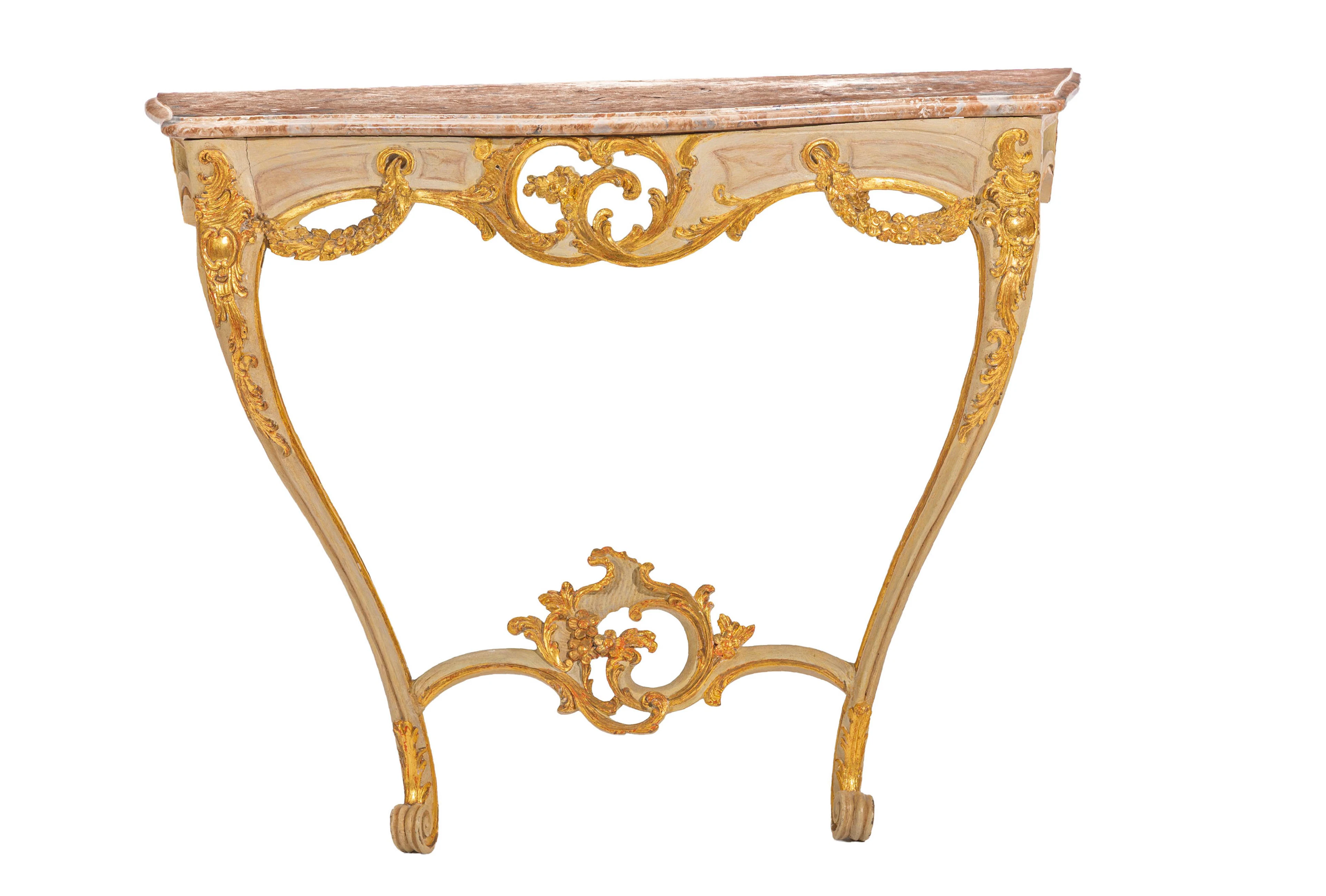 Console, Italie, XXe s., à décor ajouré peint gris et doré de guirlandes