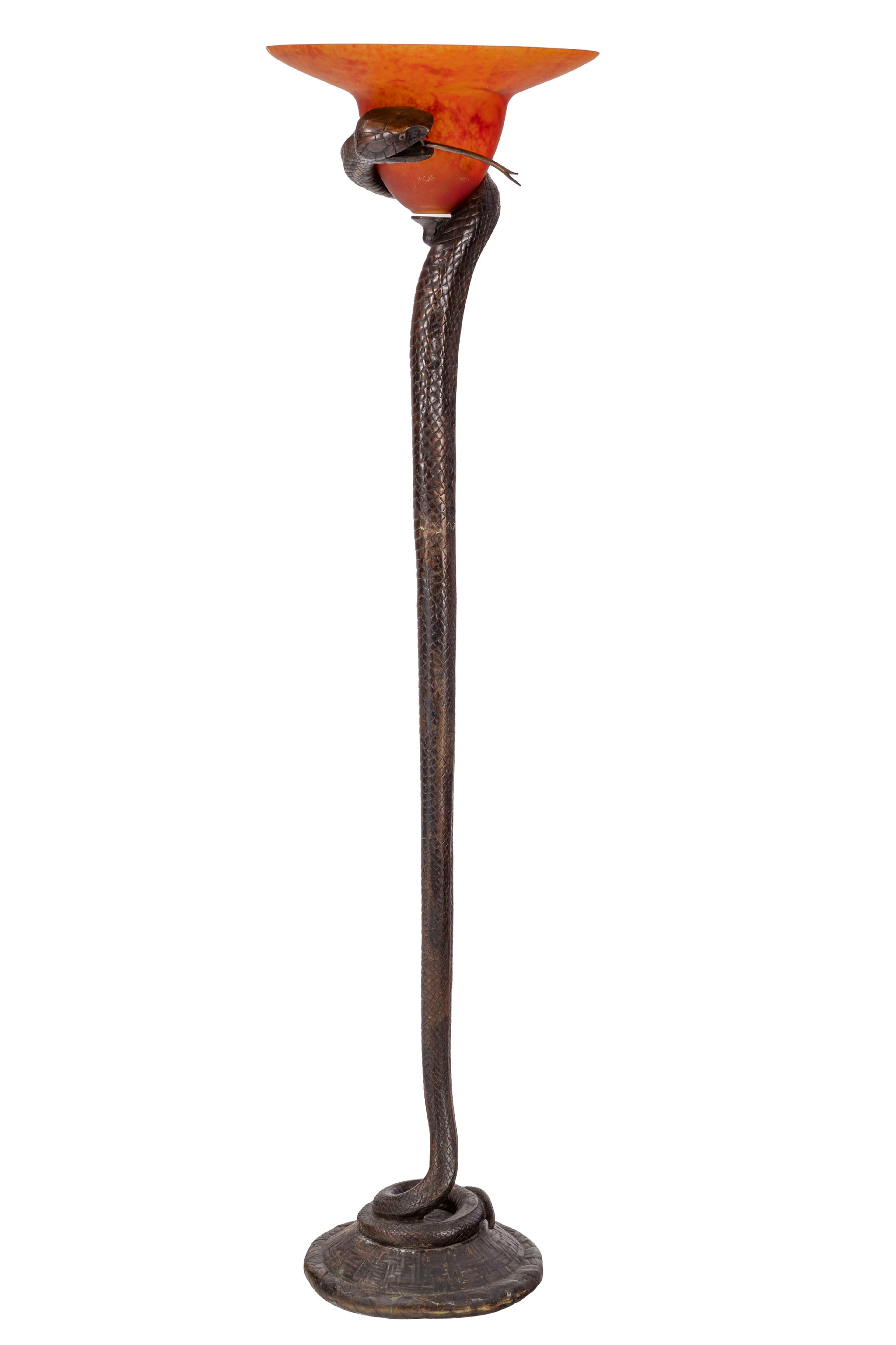 Lampadaire dans le goût d'Edgar Brandt, XXe s., en bronze patiné figurant