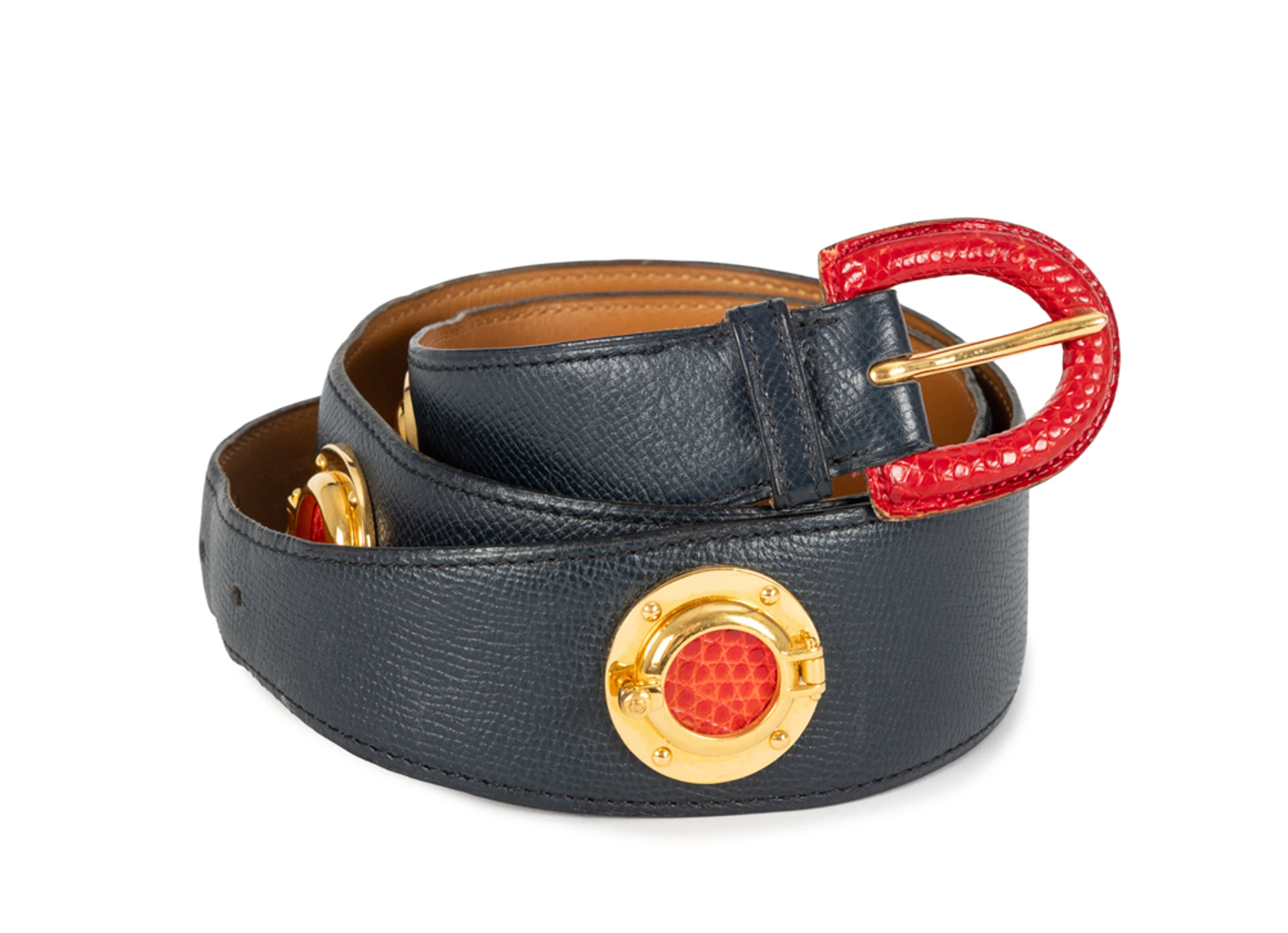 Hermès, ceinture en cuir Epsom bleu marine et hublots en métal doré