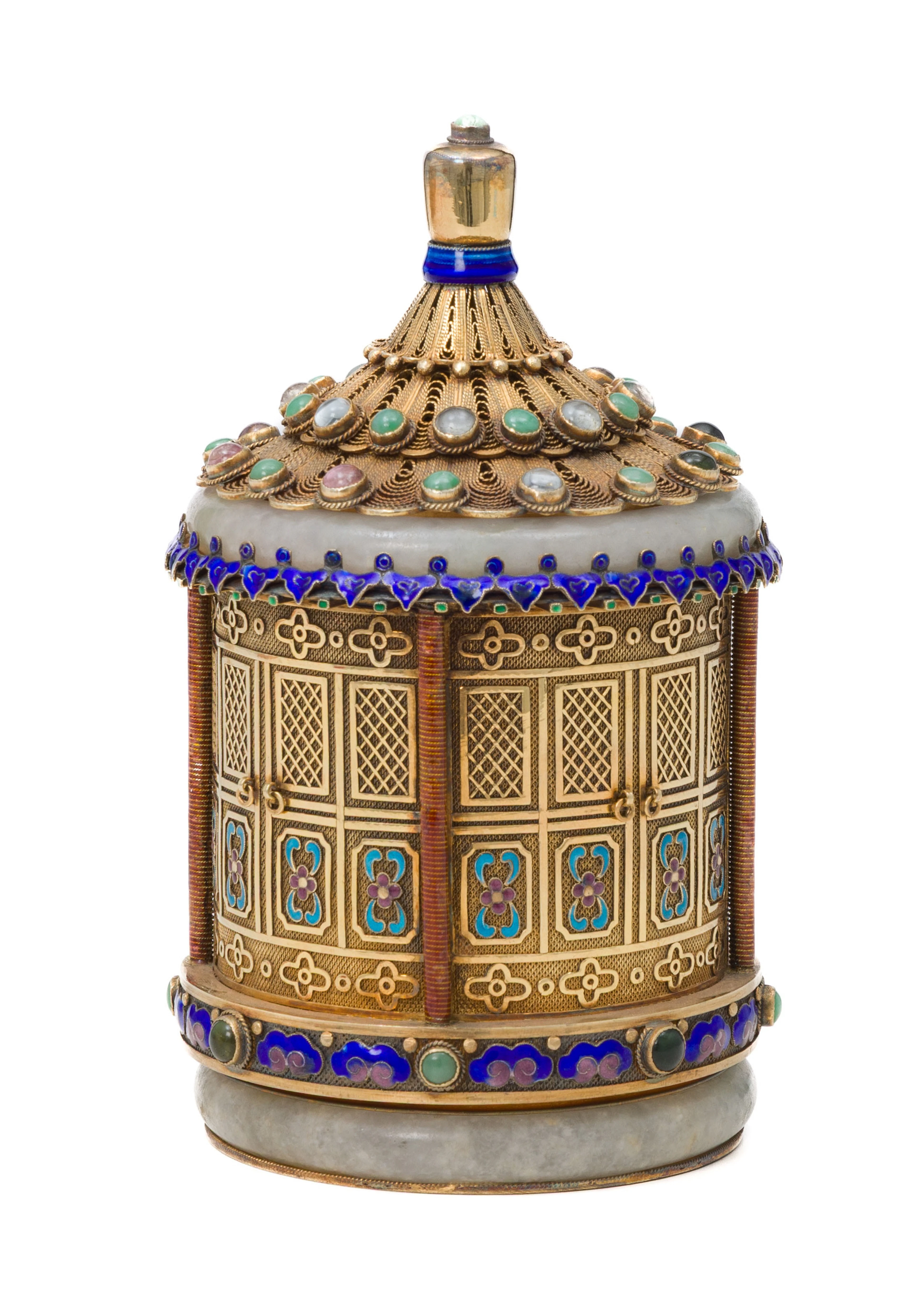 Boîte à thé en forme de pagode en argent doré, émail, filigrane et